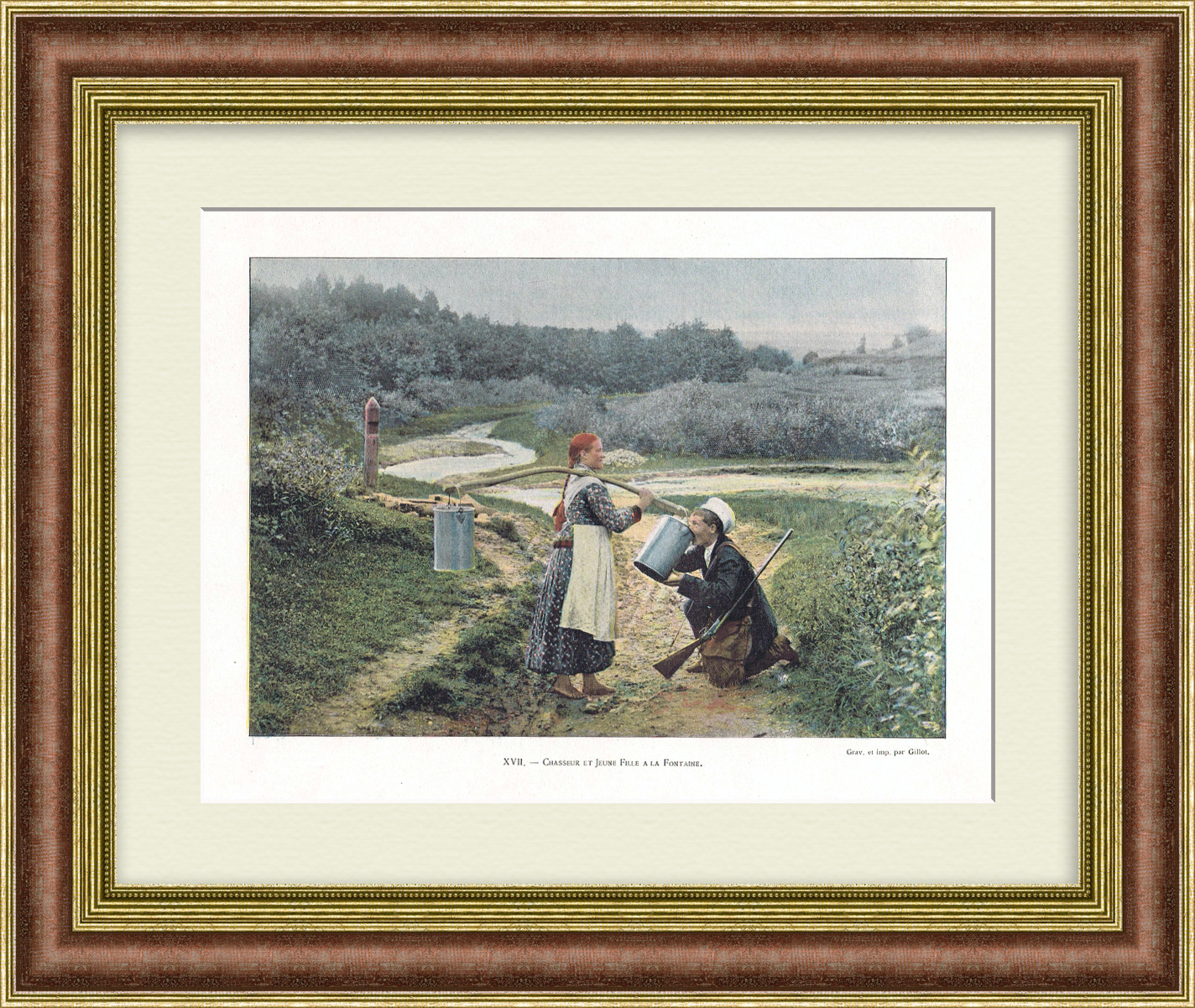 Девушка и охотник у источника. Старинная фототипия Девушка и охотник у источника. Старинная фототипия