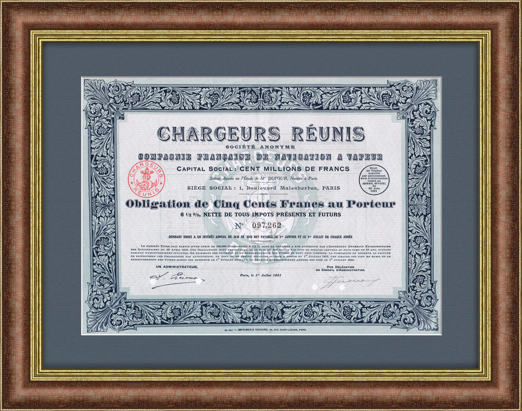 Морские перевозки. Пароходная компания Chargeurs Reunis. Облигация на 500 франков ,1921 год Морские перевозки. Пароходная компания Chargeurs Reunis. Облигация на 500 франков ,1921 год