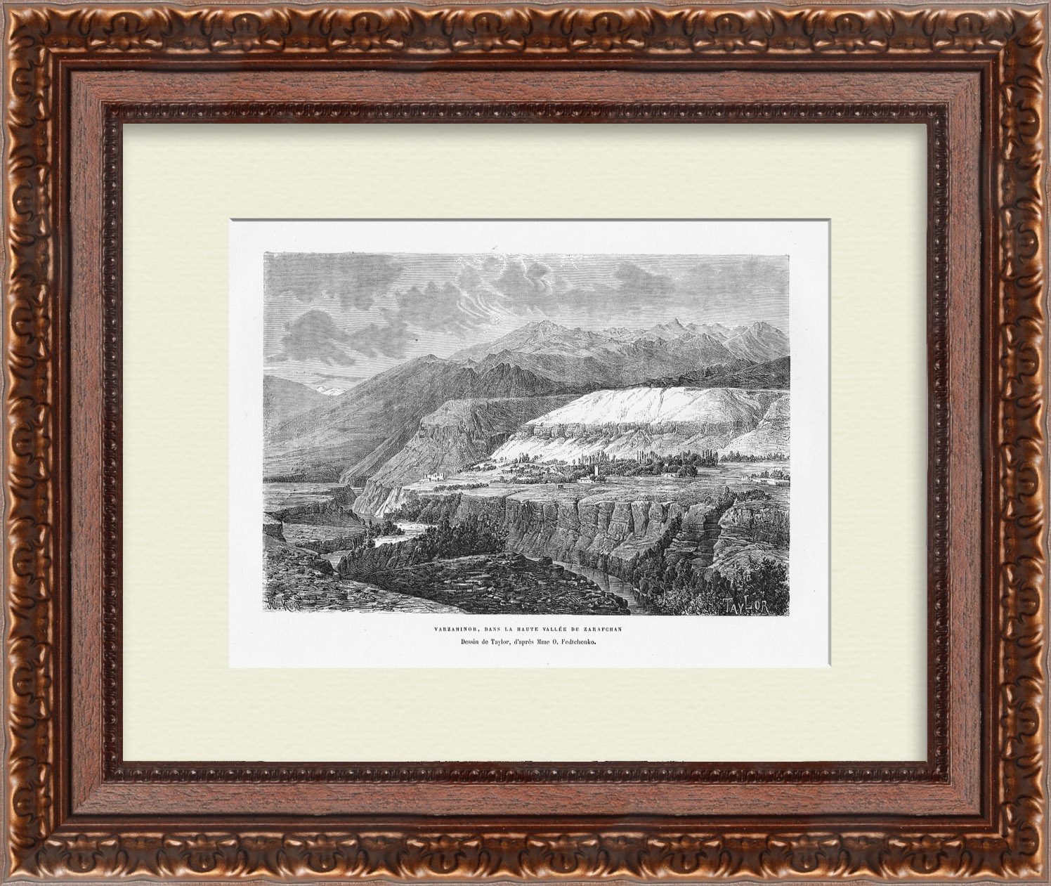 Таджикистан, вид на долину Варзи Манор (Айни). Антикварная гравюра Таджикистан, вид на долину Варзи Манор (Айни). Антикварная гравюра