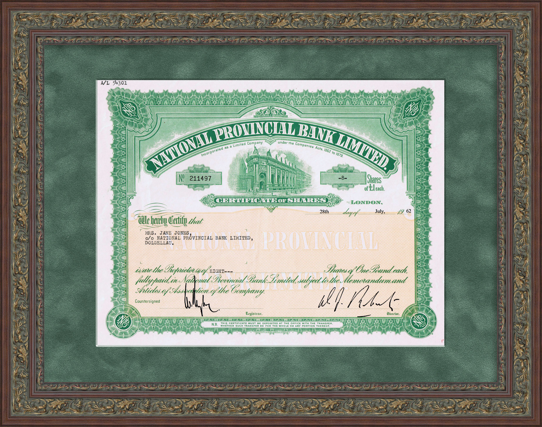 Великобритания: Национальный провинциальный банк, сертификат на 8 акций, 1962 год Великобритания: Национальный провинциальный банк, сертификат на 8 акций, 1962 год