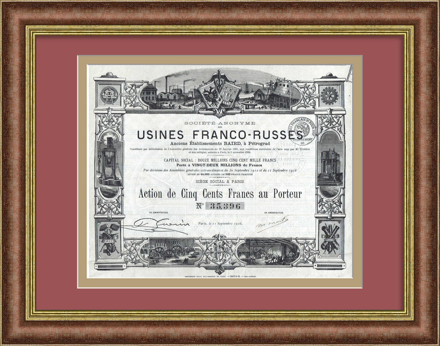 Общество Франко-Русских заводов по металлургии и судостроению. Акция на 500 франков, 1916 год Общество Франко-Русских заводов по металлургии и судостроению. Акция на 500 франков, 1916 год