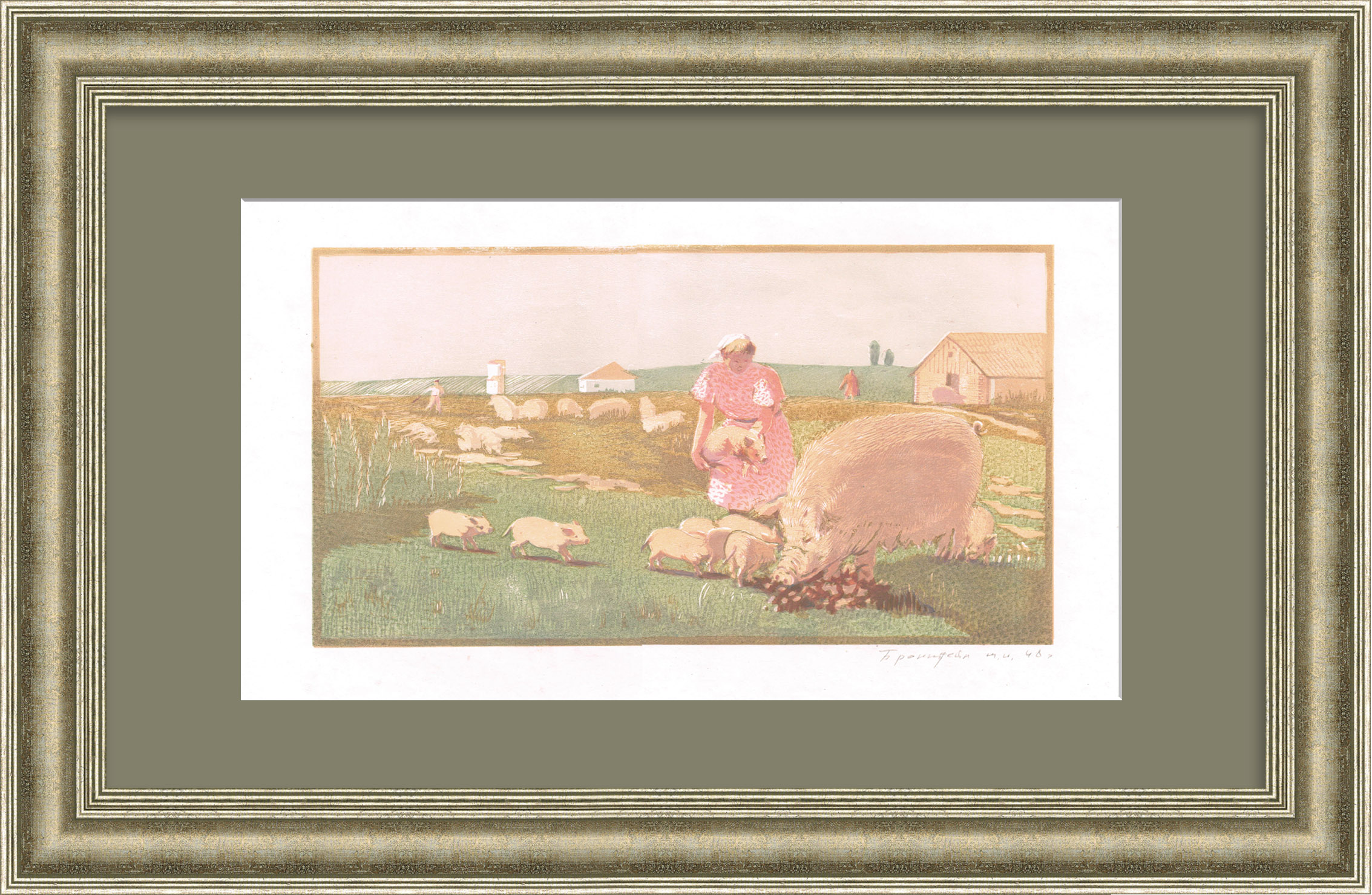 На свиноферме. Гравюра Ш.И. Бронштейна с подписью На свиноферме. Гравюра Ш.И. Бронштейна с подписью