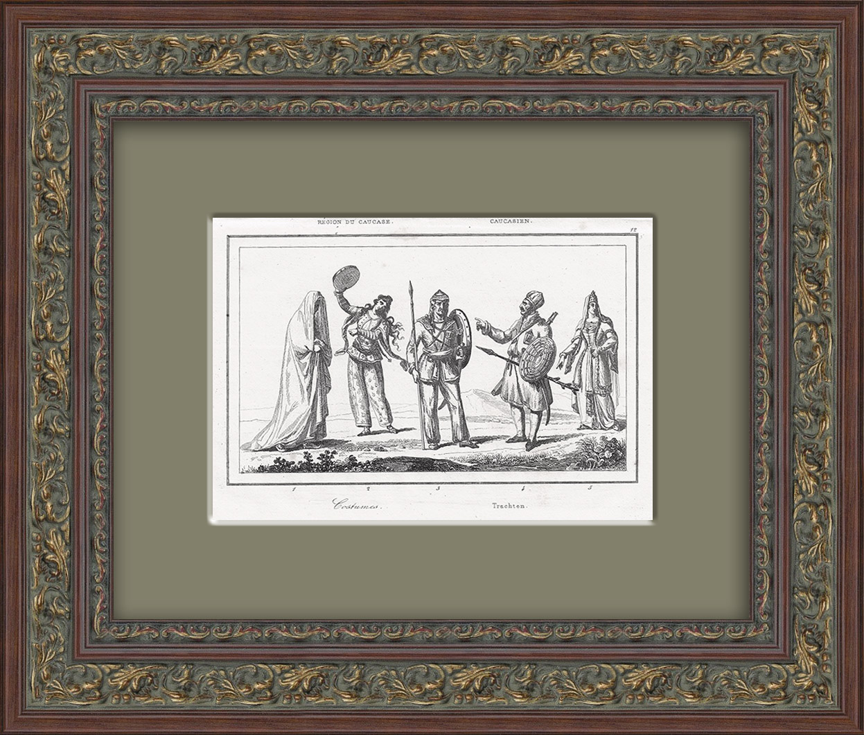 Кавказ, национальный костюм. Старинная гравюра в раме Кавказ, национальный костюм. Старинная гравюра в раме