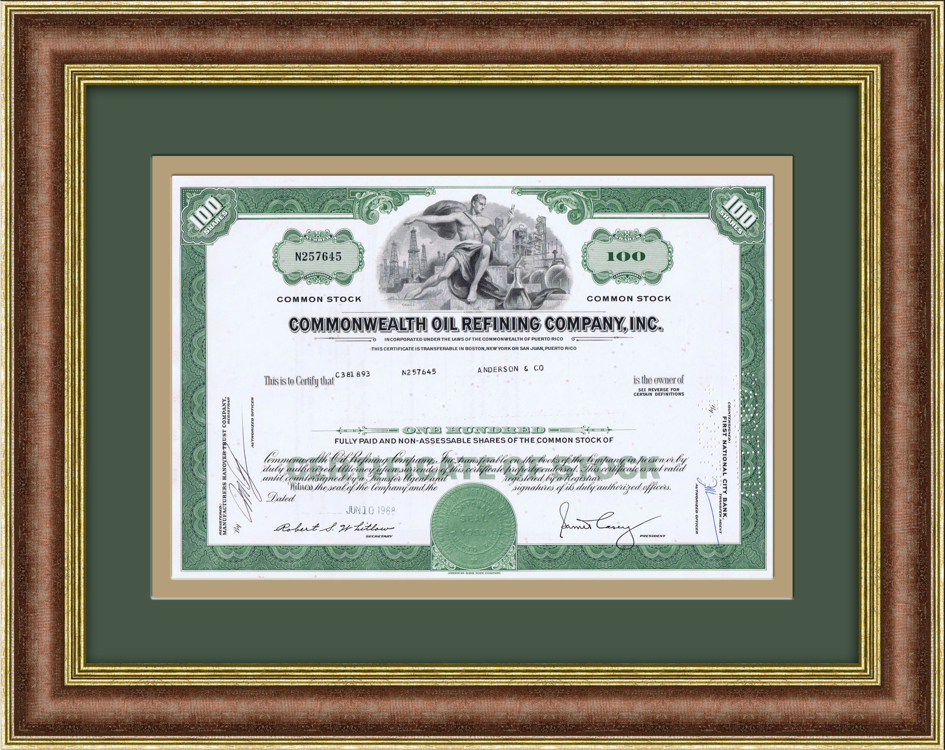 Акции нефтеперерабатывающей компании Commonwealth Oil Refining Company, Inc., 1968 год Акции нефтеперерабатывающей компании Commonwealth Oil Refining Company, Inc., 1968 год