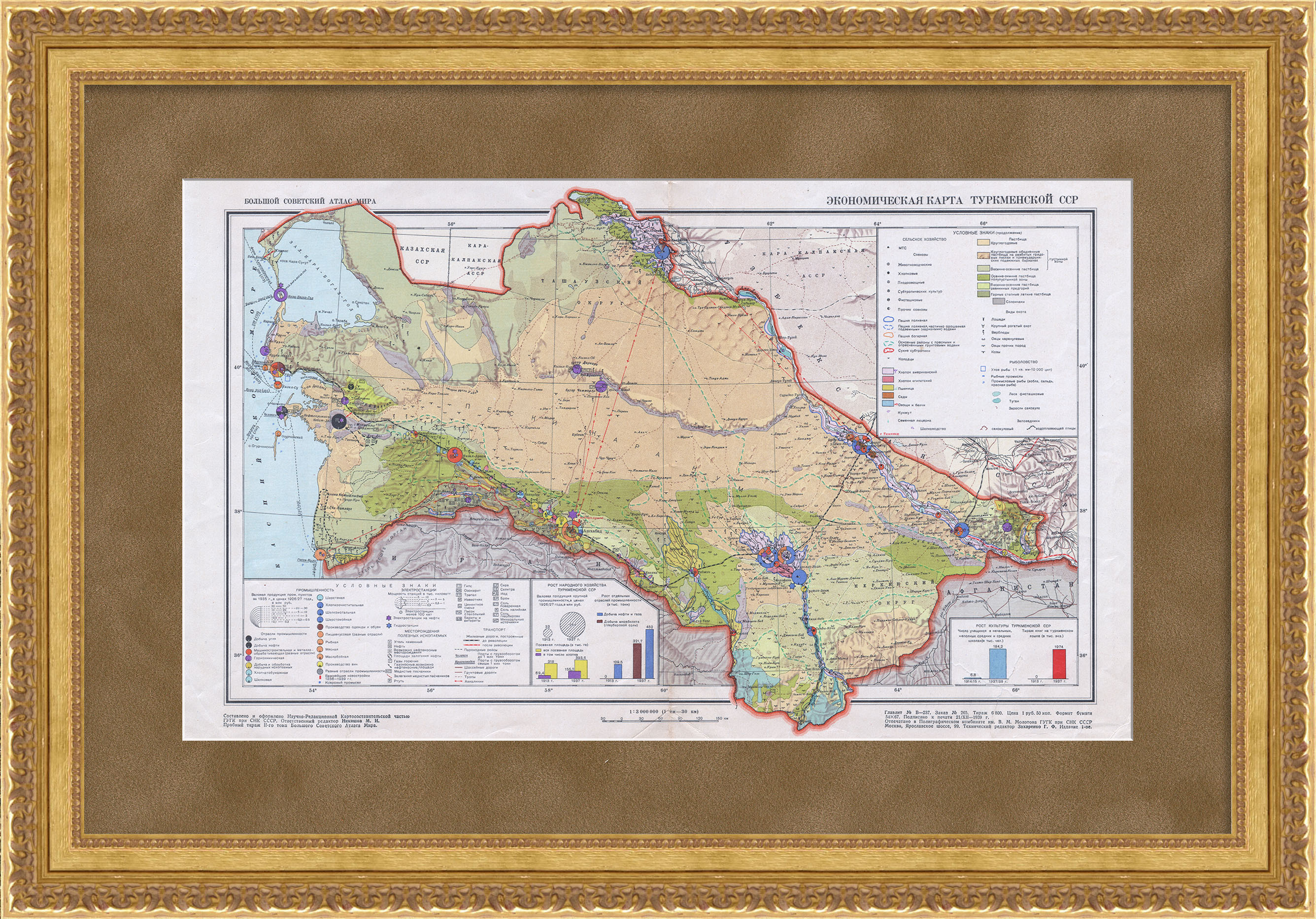 Редкая экономическая карта Туркменской ССР 1939 года Редкая экономическая карта Туркменской ССР 1939 года