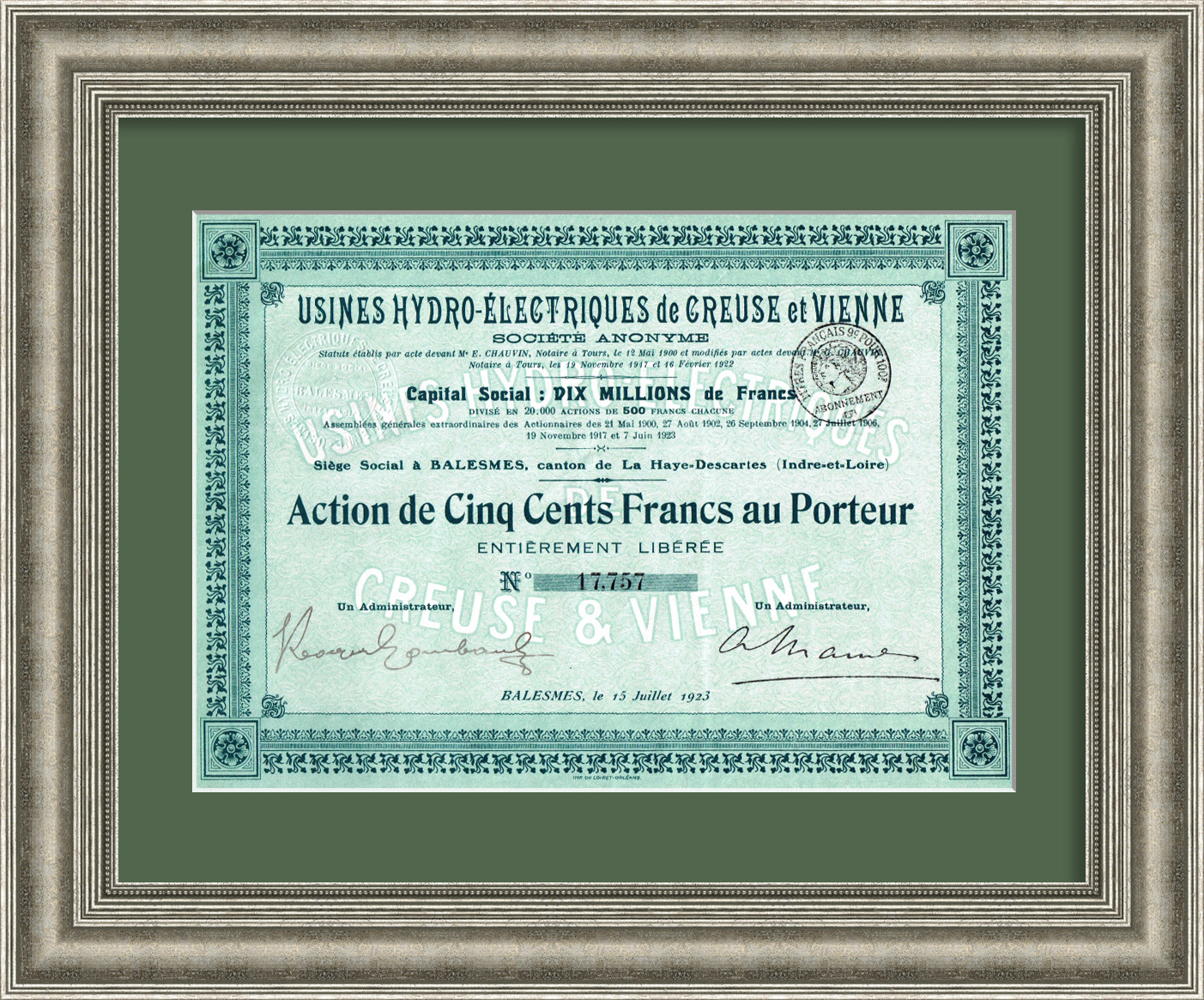 Гидроэлектростанции Креза и Вьена. Акция на 500 франков, 1923 год Гидроэлектростанции Креза и Вьена. Акция на 500 франков, 1923 год