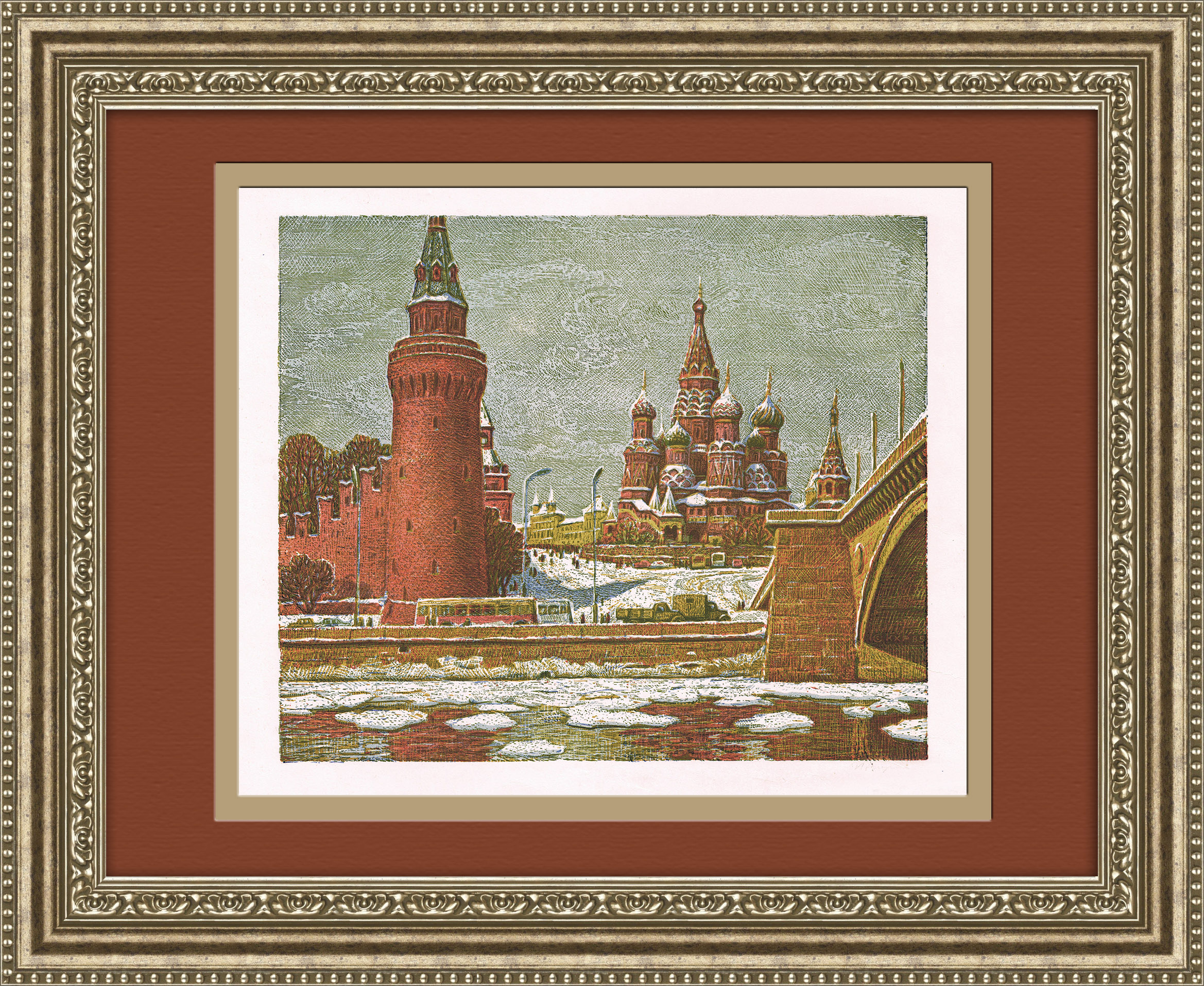 Москва весной, большая авторская линогравюра Воробьевой Москва весной, большая авторская линогравюра Воробьевой