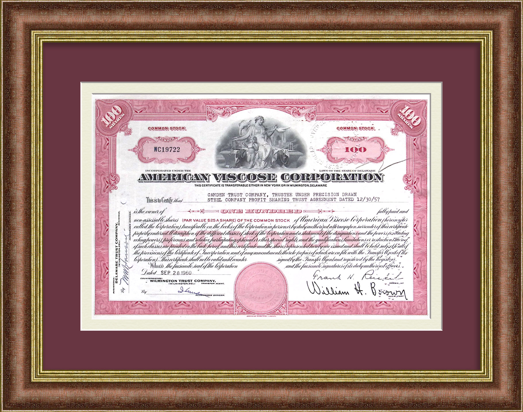 Американская корпорация по производству вискозы. Сертификат на 100 акций 1960 года Американская корпорация по производству вискозы. Сертификат на 100 акций 1960 года