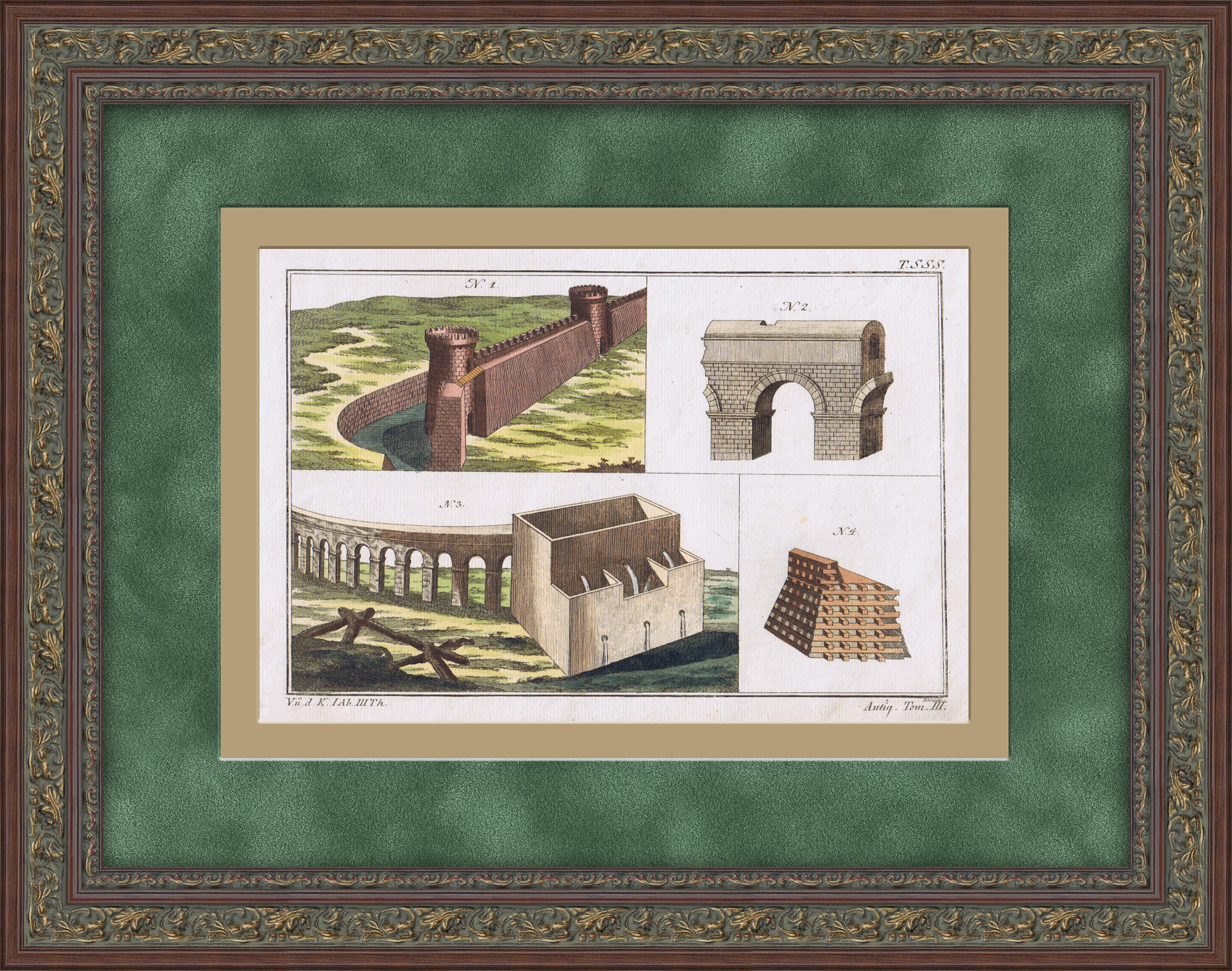 Строительство акведуков. Редкая гравюра с ручной раскраской Строительство акведуков. Редкая гравюра с ручной раскраской