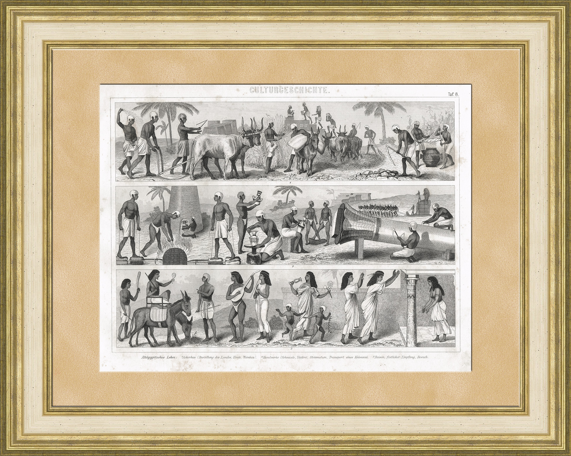 Древний Египет: сельское хозяйство, музыка, строительство и тд. Старинная гравюра 19 века