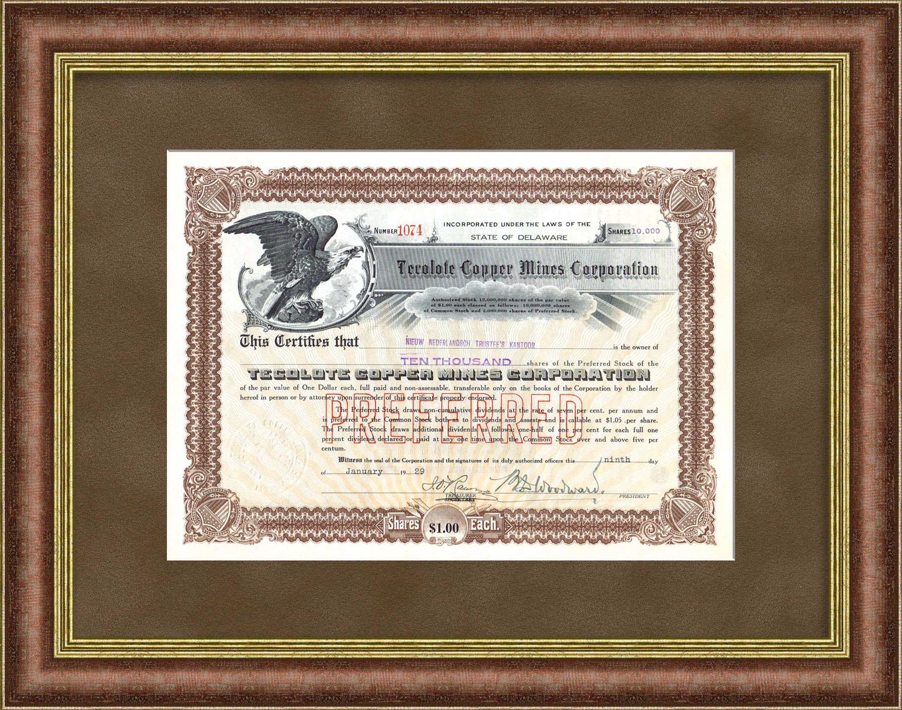 Сертификат на 10.000 акций компании Tecolote Copper Corporation 1921 года. Добыча медной руды Сертификат на 10.000 акций компании Tecolote Copper Corporation 1921 года. Добыча медной руды