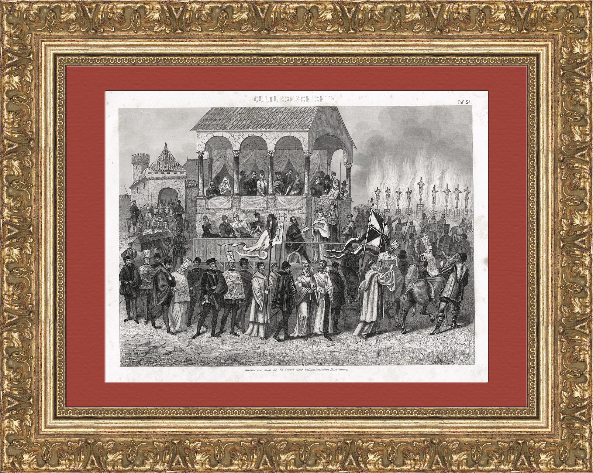 Испанская инквизиция, церемония аутодафе. Антикварная гравюра Испанская инквизиция, церемония аутодафе. Антикварная гравюра