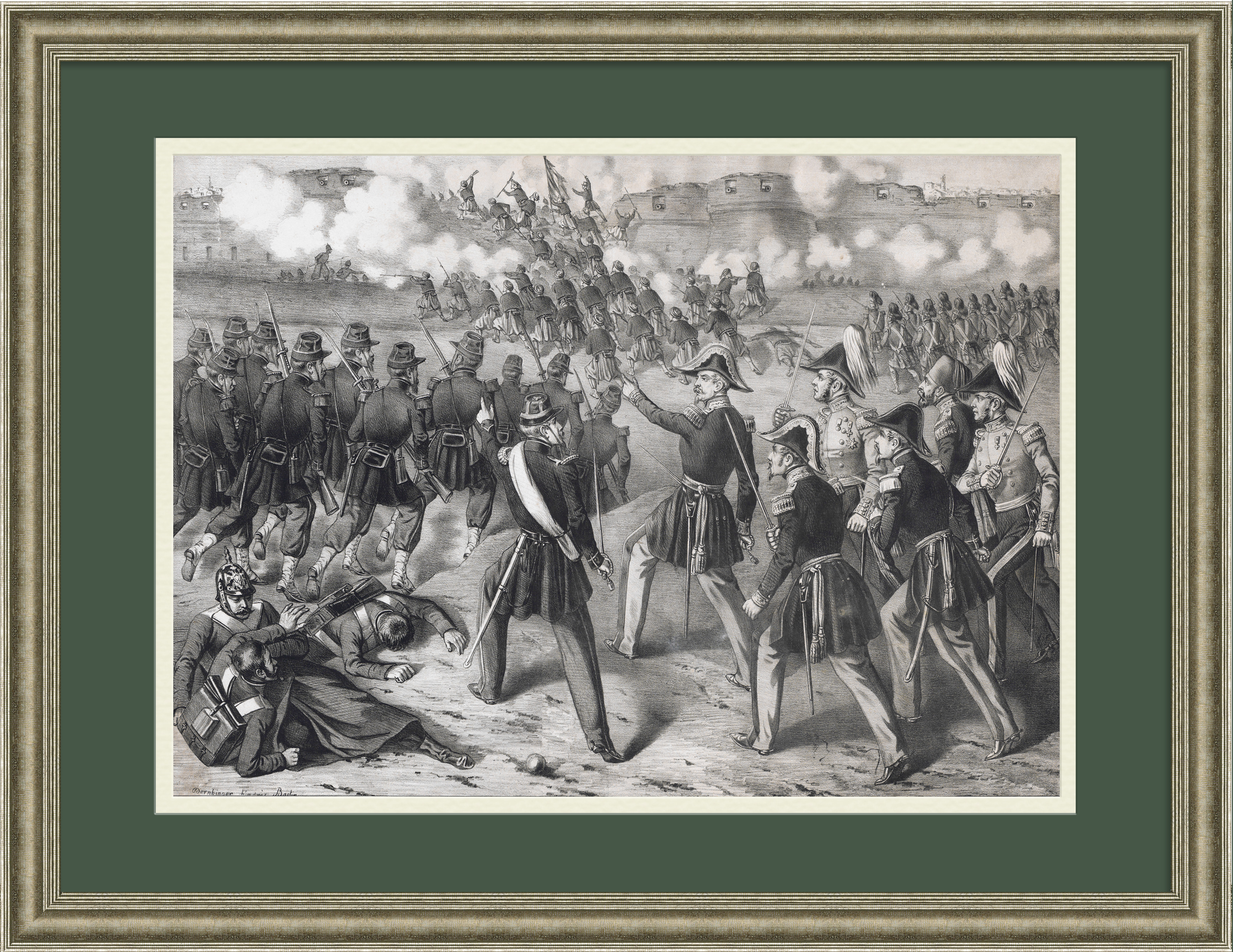 Бой под Севастополем, Крымская война. Антикварная литография в раме Бой под Севастополем, Крымская война. Антикварная литография в раме