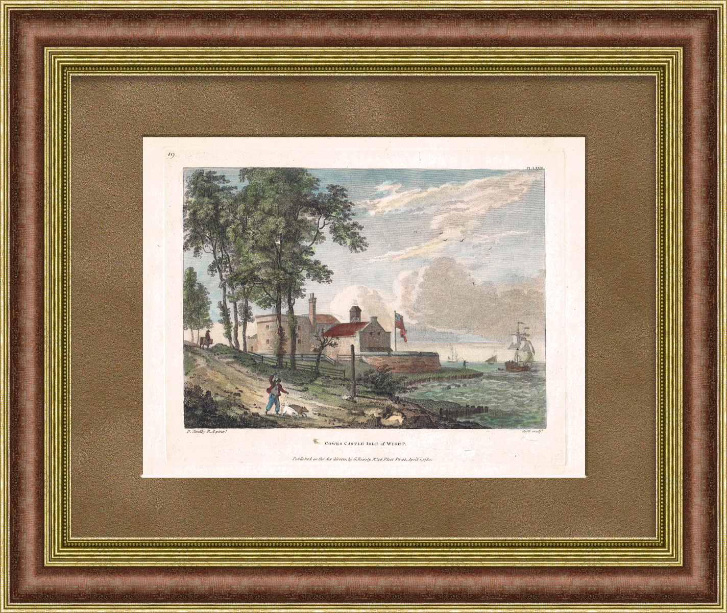 Замок Каус на острове Уайт, Великобритания. Старинная гравюра с ручной раскраской Замок Каус на острове Уайт, Великобритания. Старинная гравюра с ручной раскраской