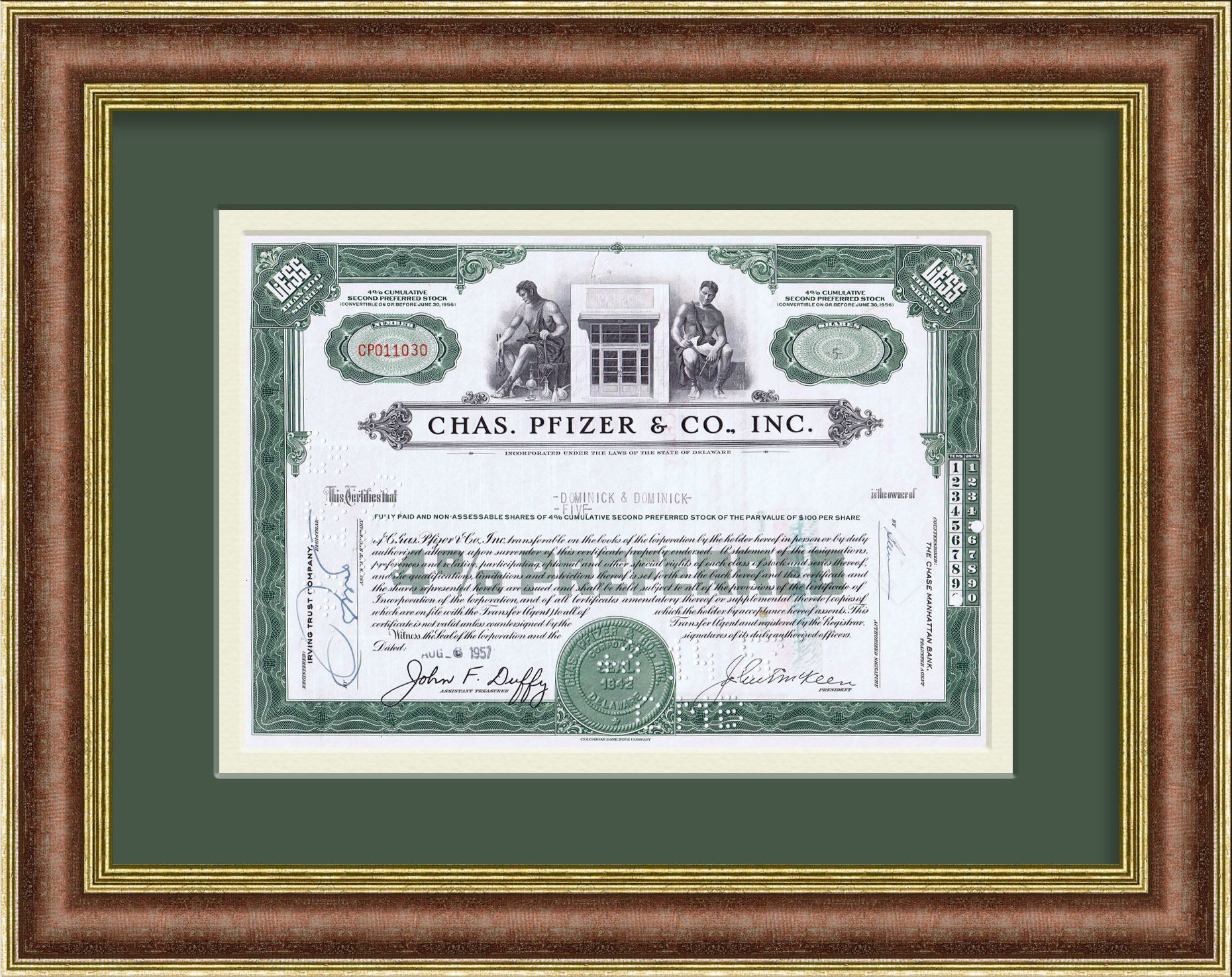 Вакцины Pfizer, 4% сертификат на 5 акций 1957 года Вакцины Pfizer, 4% сертификат на 5 акций 1957 года