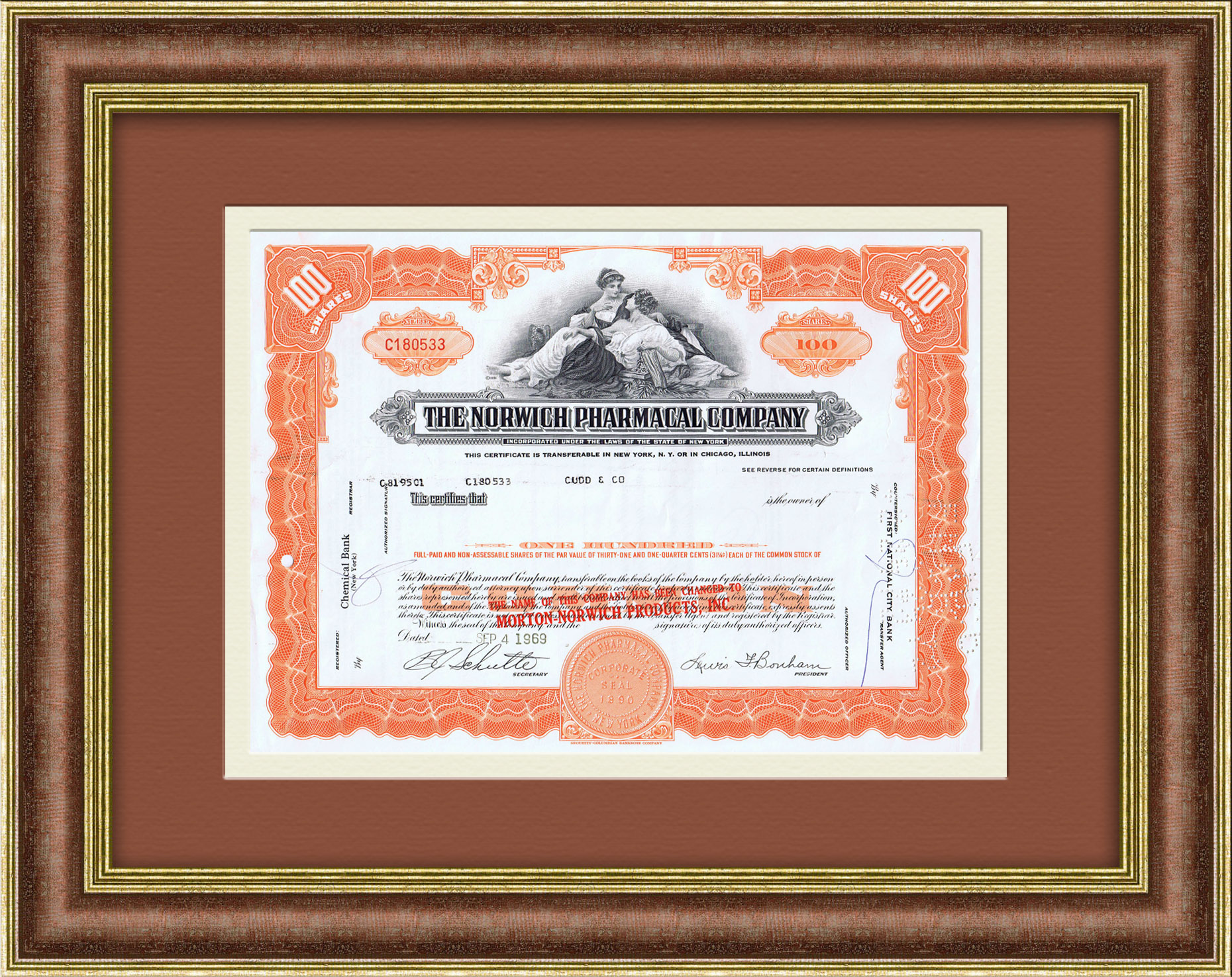 Сертификат фарм.компании Norwich Pharma 1969 года на на 100 акций Сертификат фарм.компании Norwich Pharma 1969 года на на 100 акций