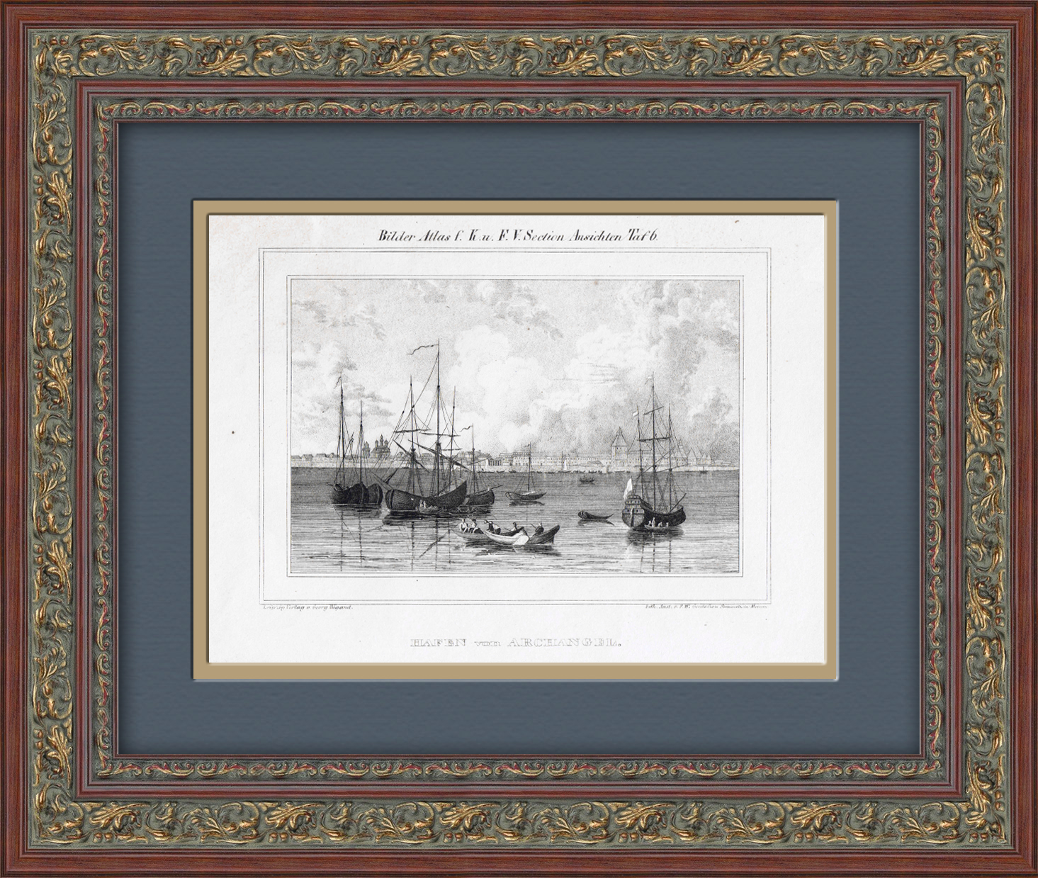 Вид на порт Архангельска, 19 век. Старинная литография Вид на порт Архангельска, 19 век. Старинная литография