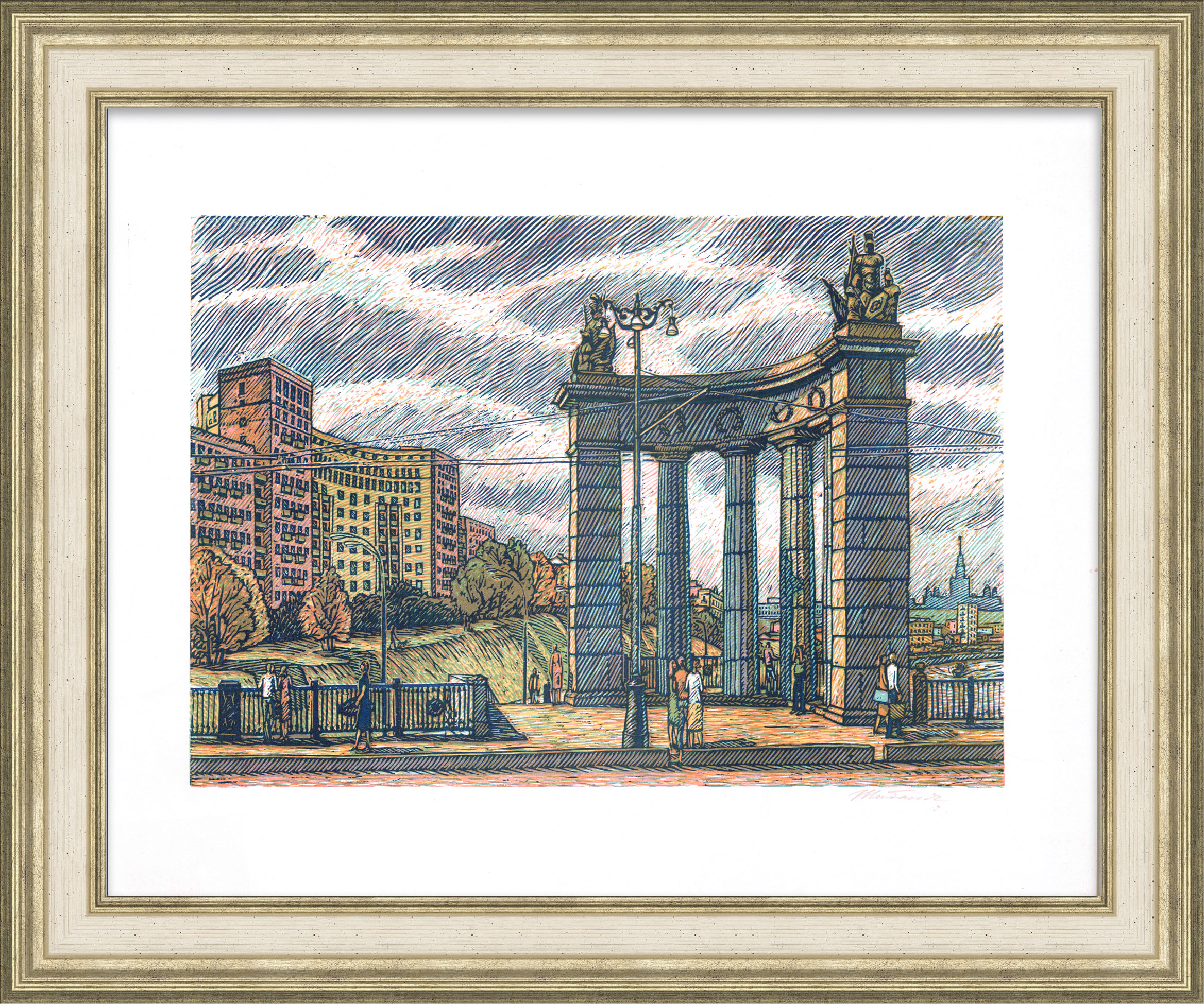 Бородинский мост через реку Москву. Авторская гравюра Бородинский мост через реку Москву. Авторская гравюра