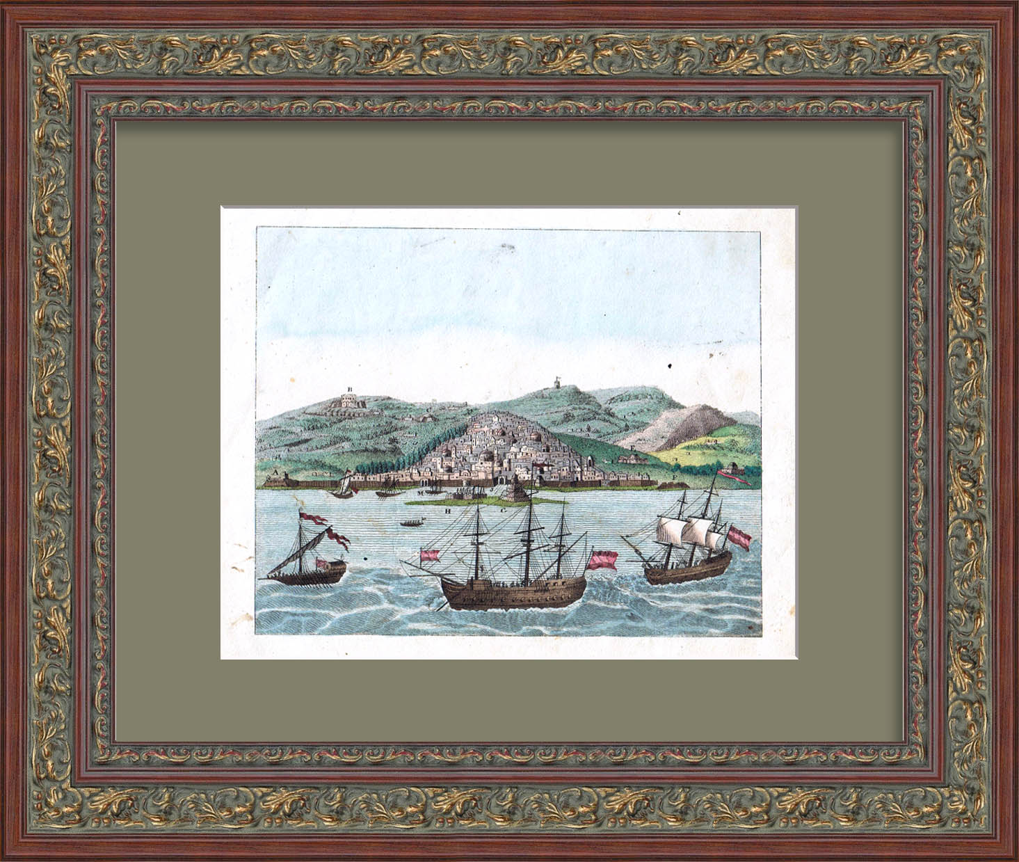 Старинный вид Алжира, гравюра на меди Старинный вид Алжира, гравюра на меди