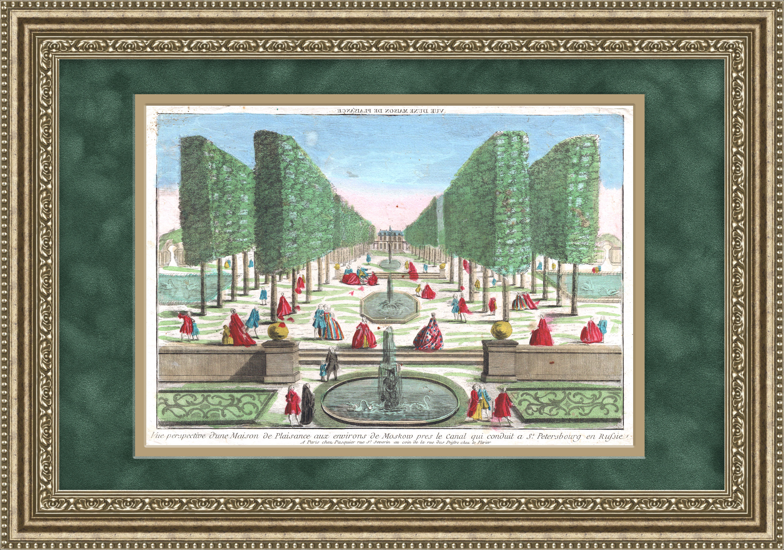 Вид Летнего сада в Санкт-Петербурге. Большая антикварная гравюра 18 века Вид Летнего сада в Санкт-Петербурге. Большая антикварная гравюра 18 века