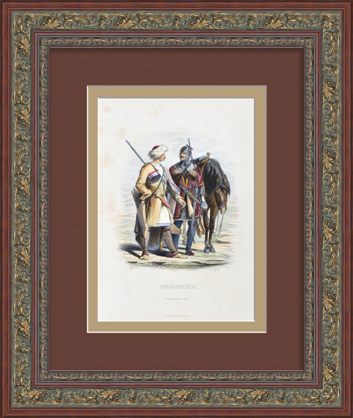 Черкесские воины в Российской империи. Старинная гравюра 19 века Черкесские воины в Российской империи. Старинная гравюра 19 века