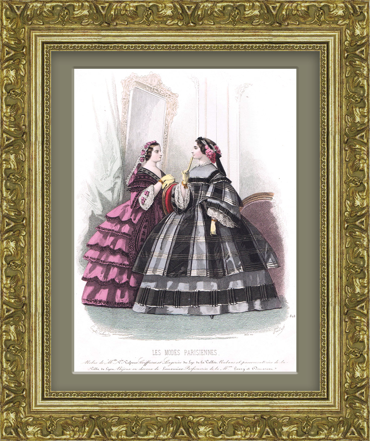 Антикварная гравюра 19 века с ручной акварельной раскраской "Платья для променада" Антикварная гравюра 19 века с ручной акварельной раскраской "Платья для променада"