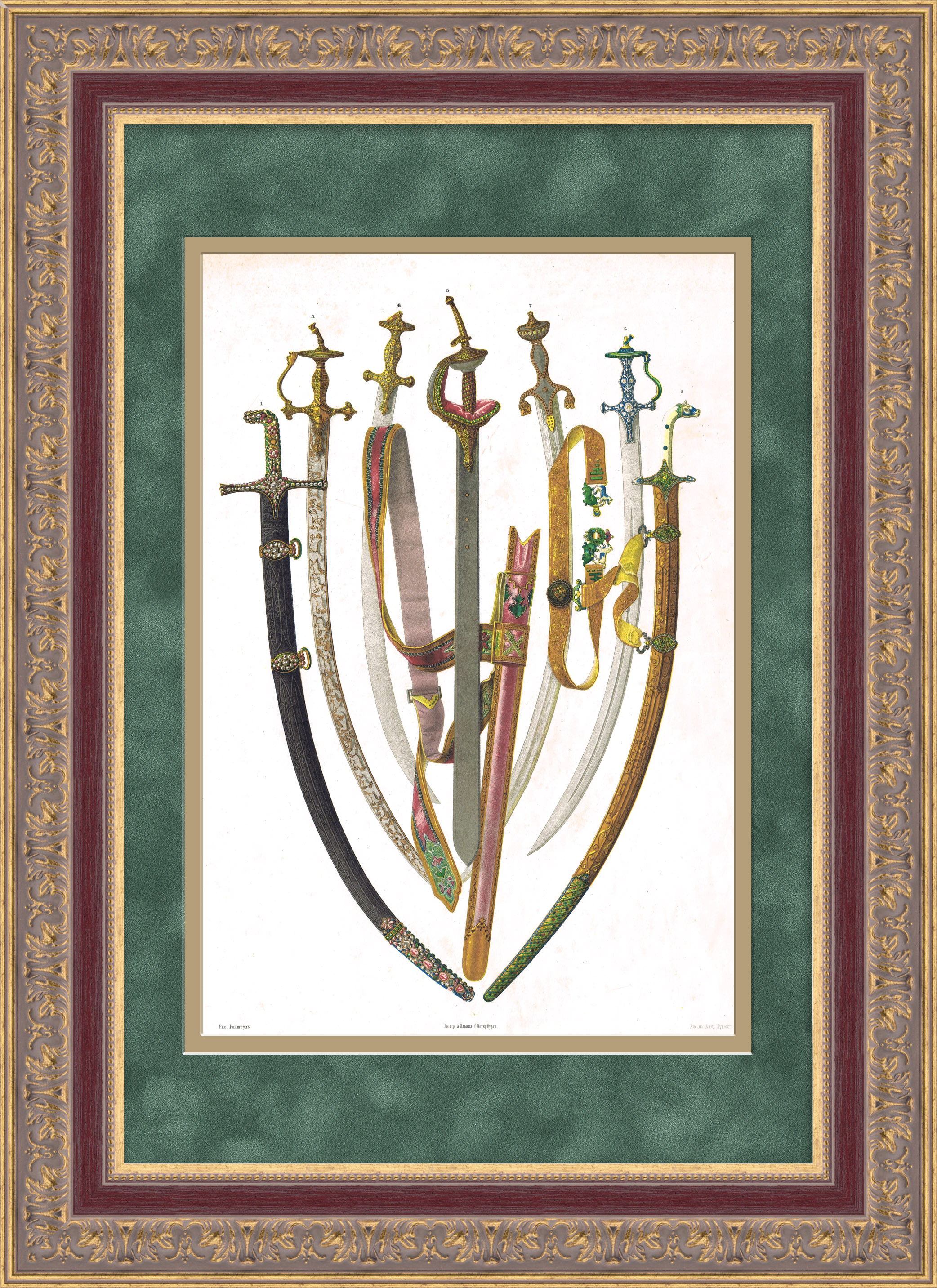 Сабли персидские и мусульманские. Антикварная литография 1869 года Сабли персидские и мусульманские. Антикварная литография 1869 года