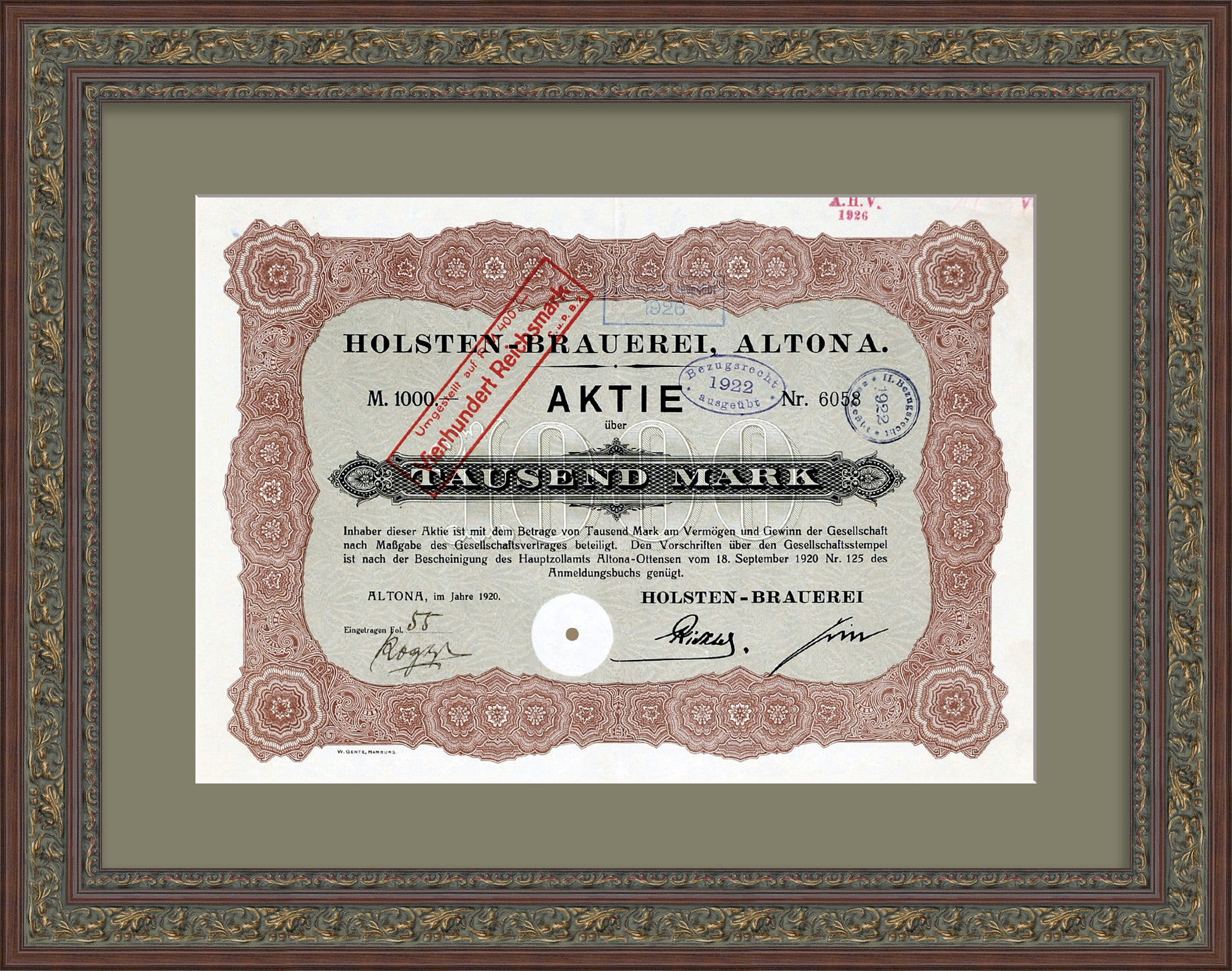 Пивоварня Хольстен. Акция на 1000 марок 1920 года Пивоварня Хольстен. Акция на 1000 марок 1920 года