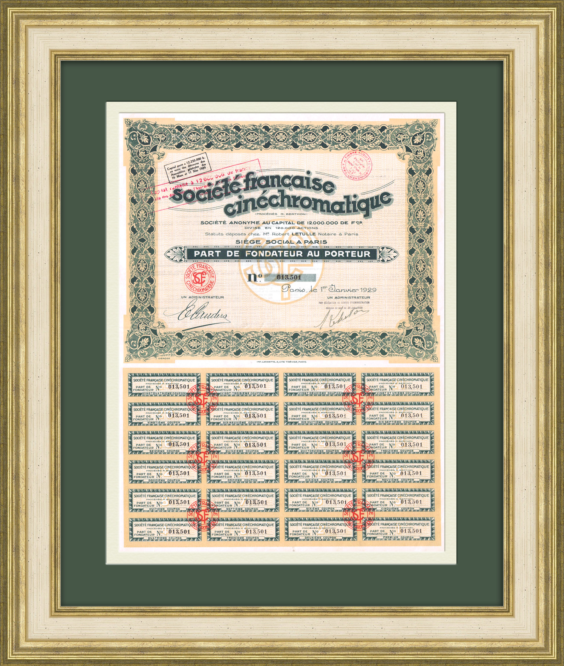 Акция Французского кинематографического общества на капитал 12000000 франков, 1929 год Акция Французского кинематографического общества на капитал 12000000 франков, 1929 год