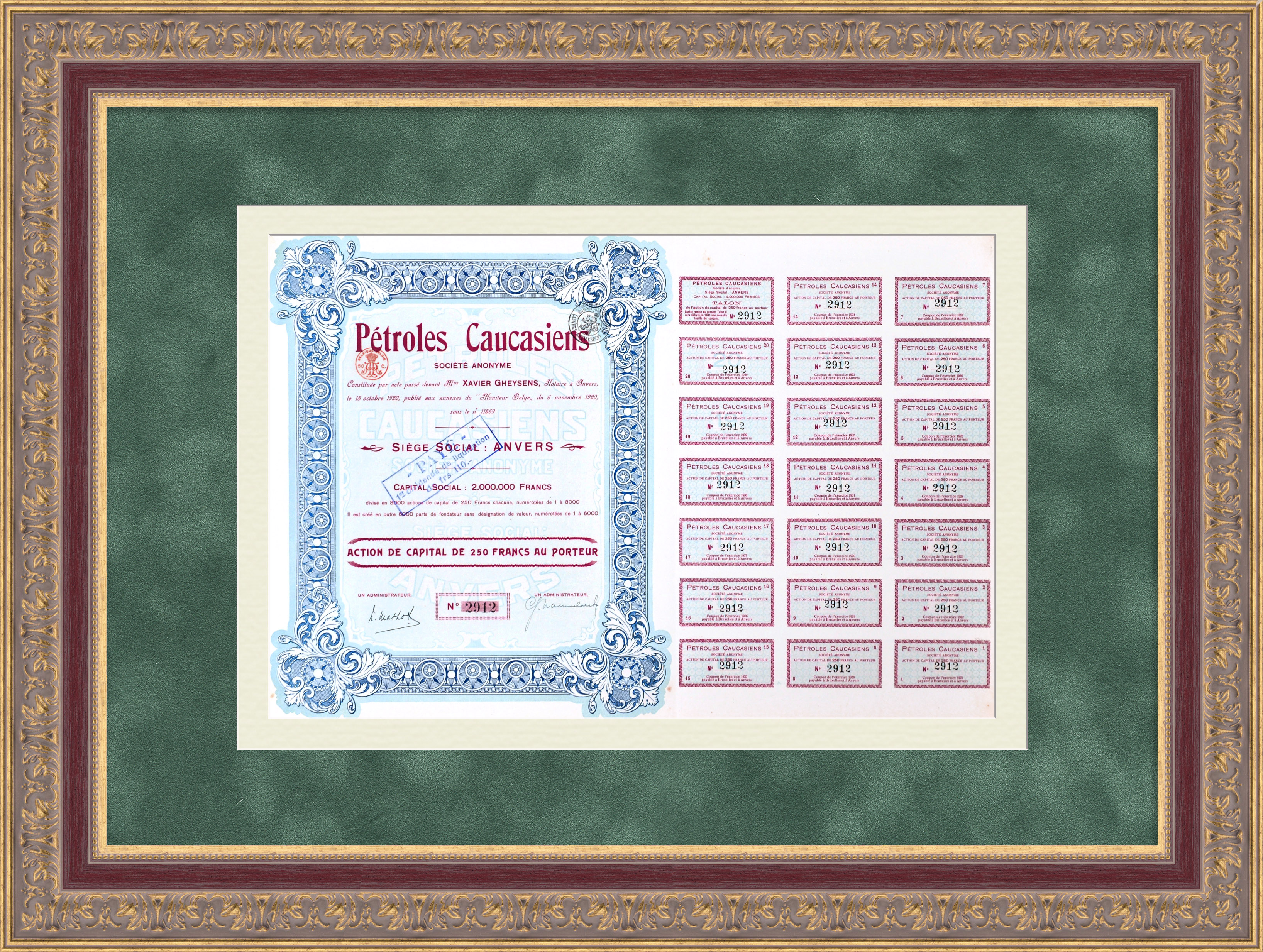 Кавказская нефтяная компания. Акция в 250 франков на предъявителя 1920 года