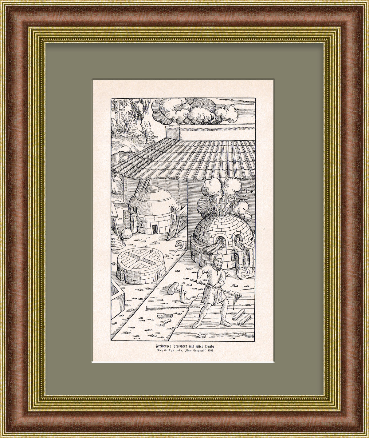 Плавка металла в тигельной печи с куполом. Литография в раме Плавка металла в тигельной печи с куполом. Литография в раме