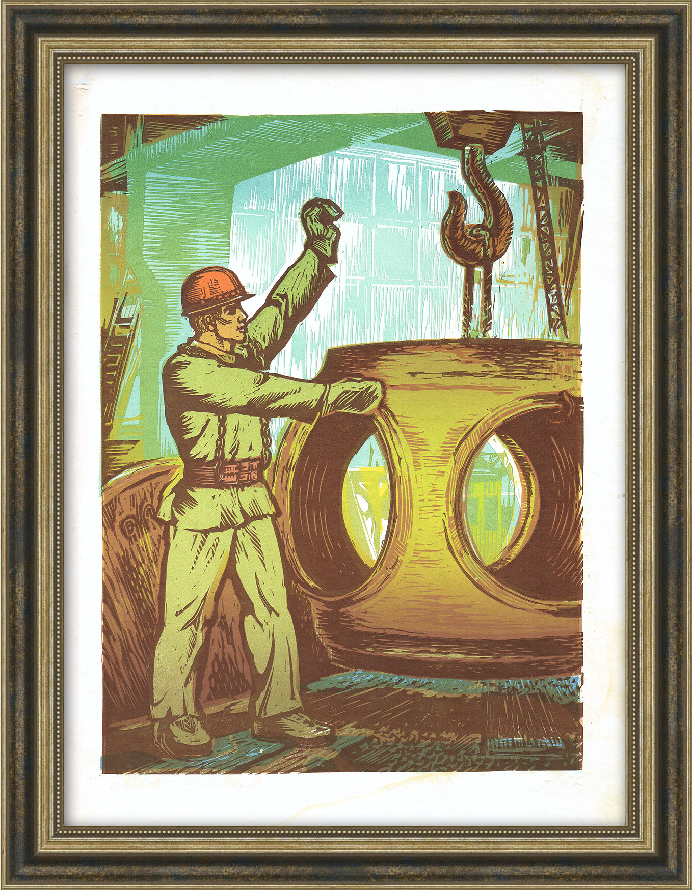 Монтажник на объекте. Линогравюра советского периода Монтажник на объекте. Линогравюра советского периода