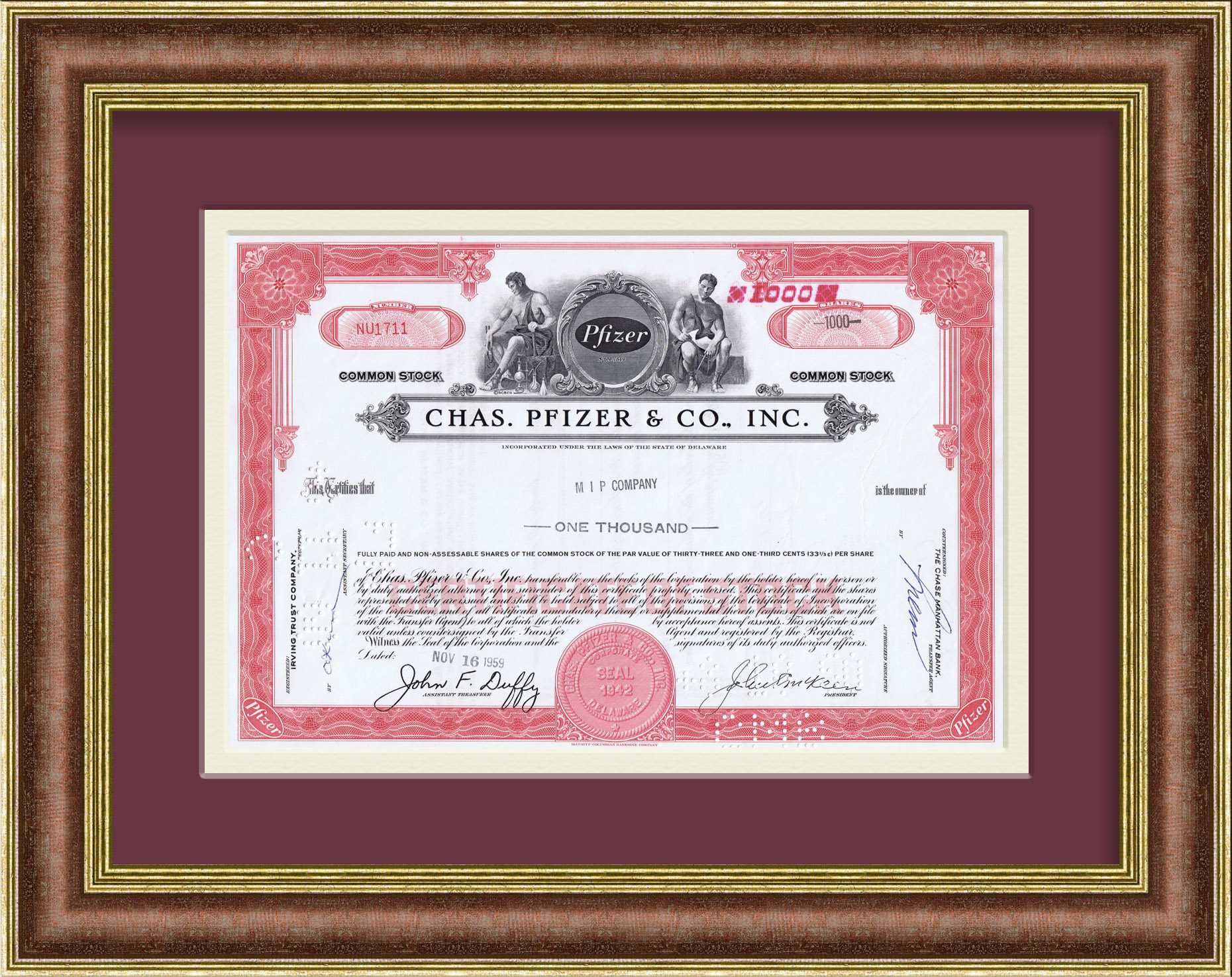 Вакцины Pfizer, винтажный сертификат на 1000 акций Вакцины Pfizer, винтажный сертификат на 1000 акций
