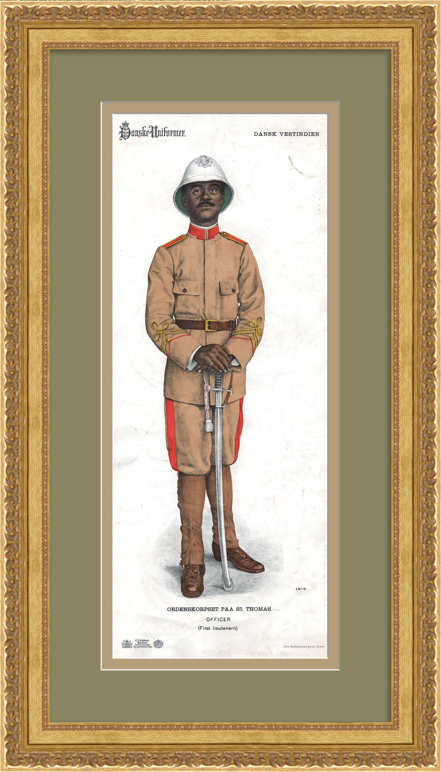 Датская Вест-Индия, королевская милиция. Униформа старшего лейтенанта. Старинная хромолитография Датская Вест-Индия, королевская милиция. Униформа старшего лейтенанта. Старинная хромолитография