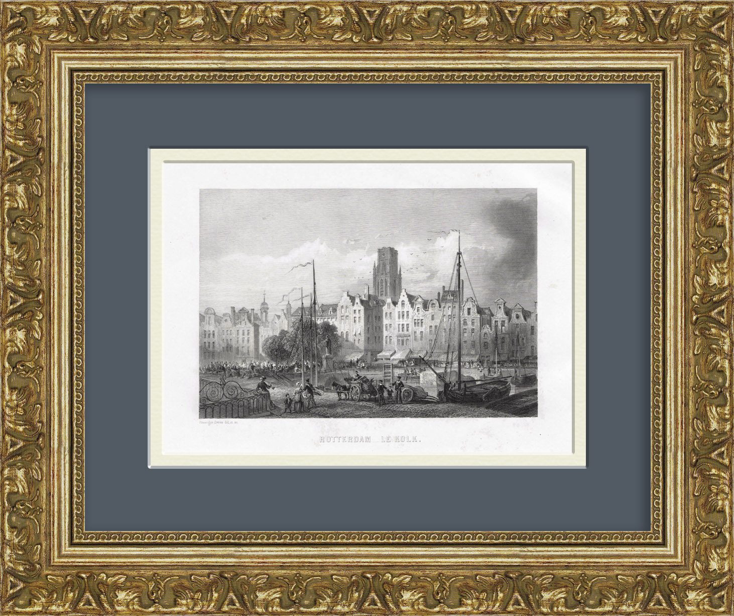 Роттердам, Нидерланды. Антикварная гравюра в раме Роттердам, Нидерланды. Антикварная гравюра в раме
