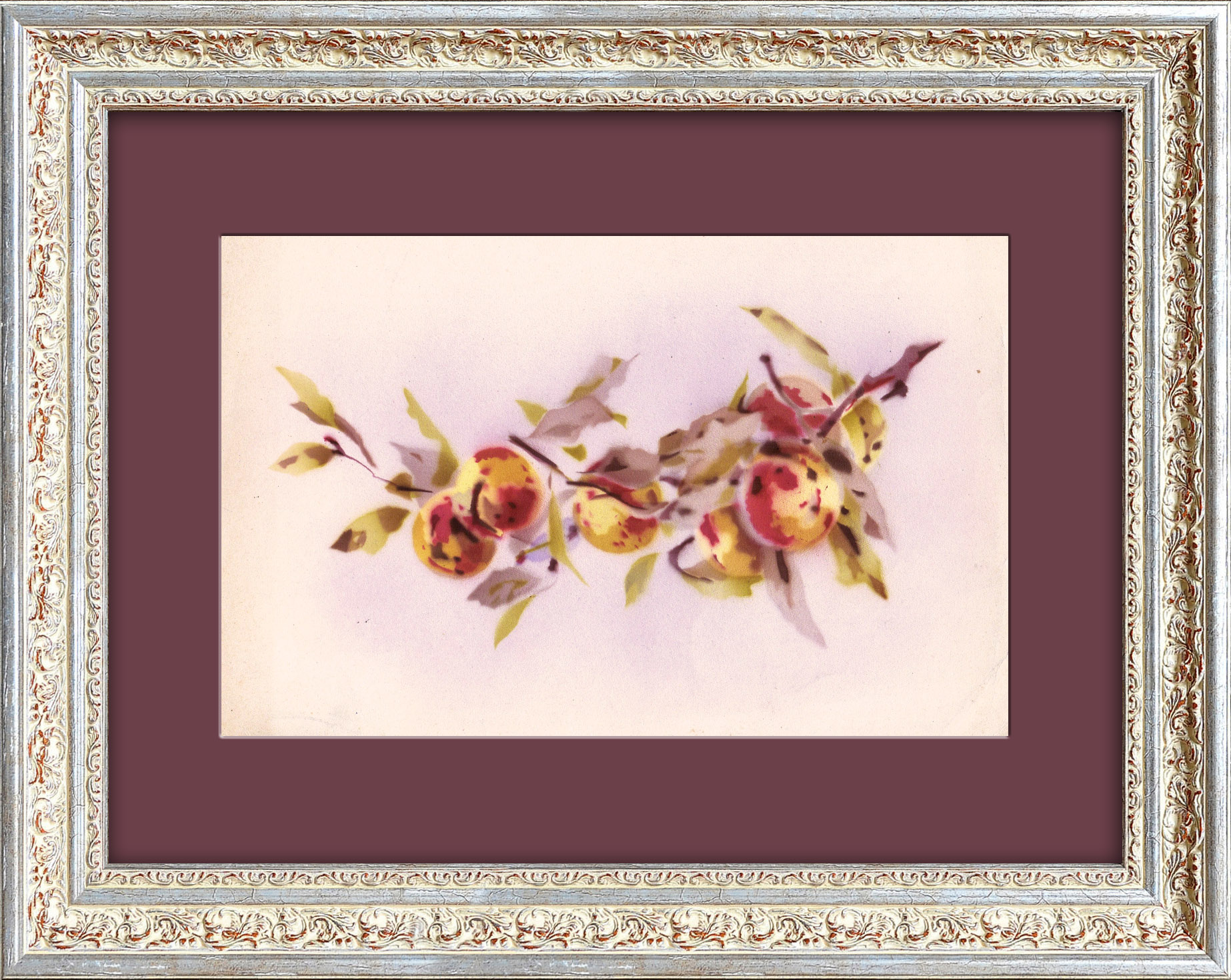 Спелые персики на ветке. Винтажная графика Спелые персики на ветке. Винтажная графика