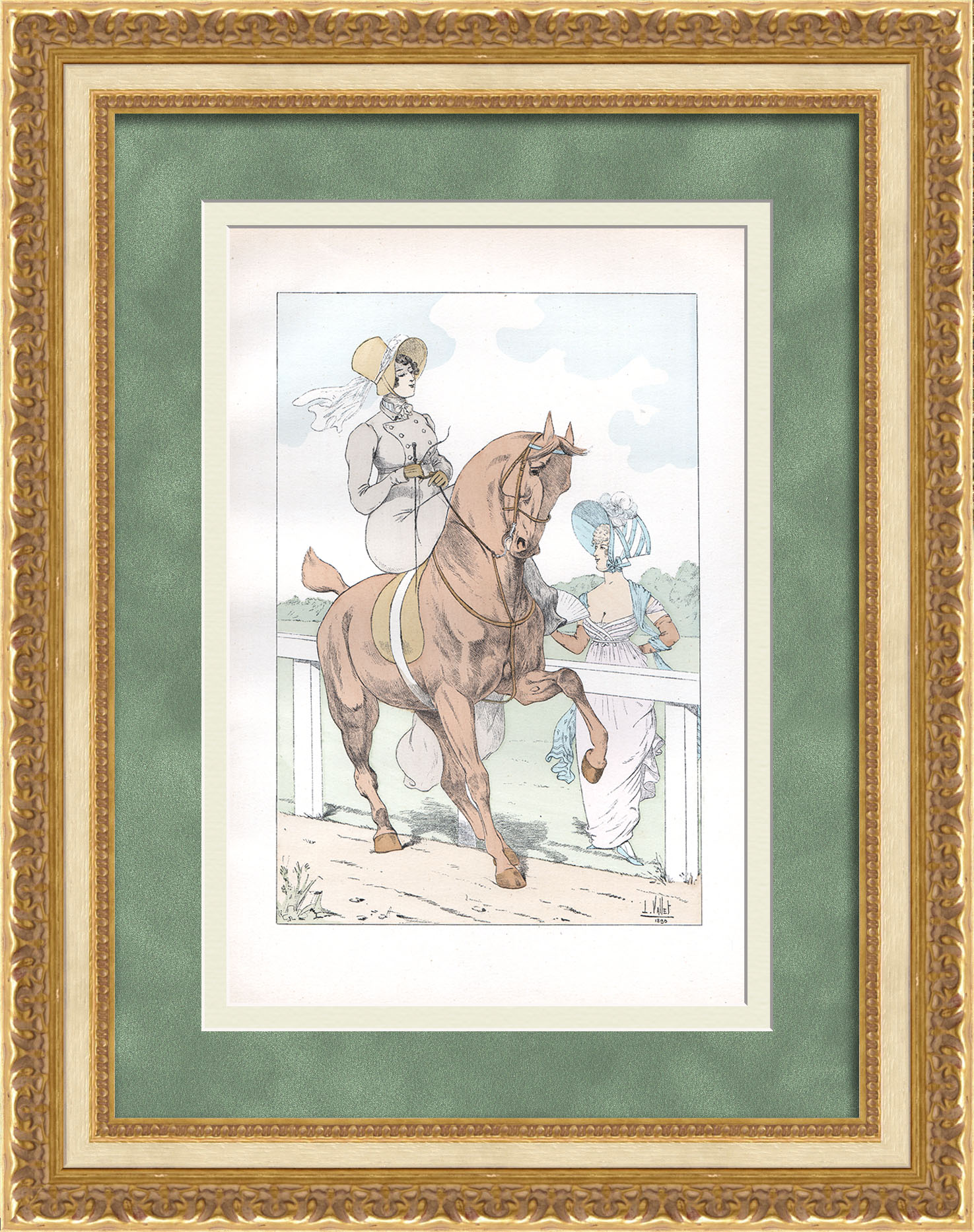 Всадница на лошади. Старинная хромолитография 19 века Всадница на лошади. Старинная хромолитография 19 века