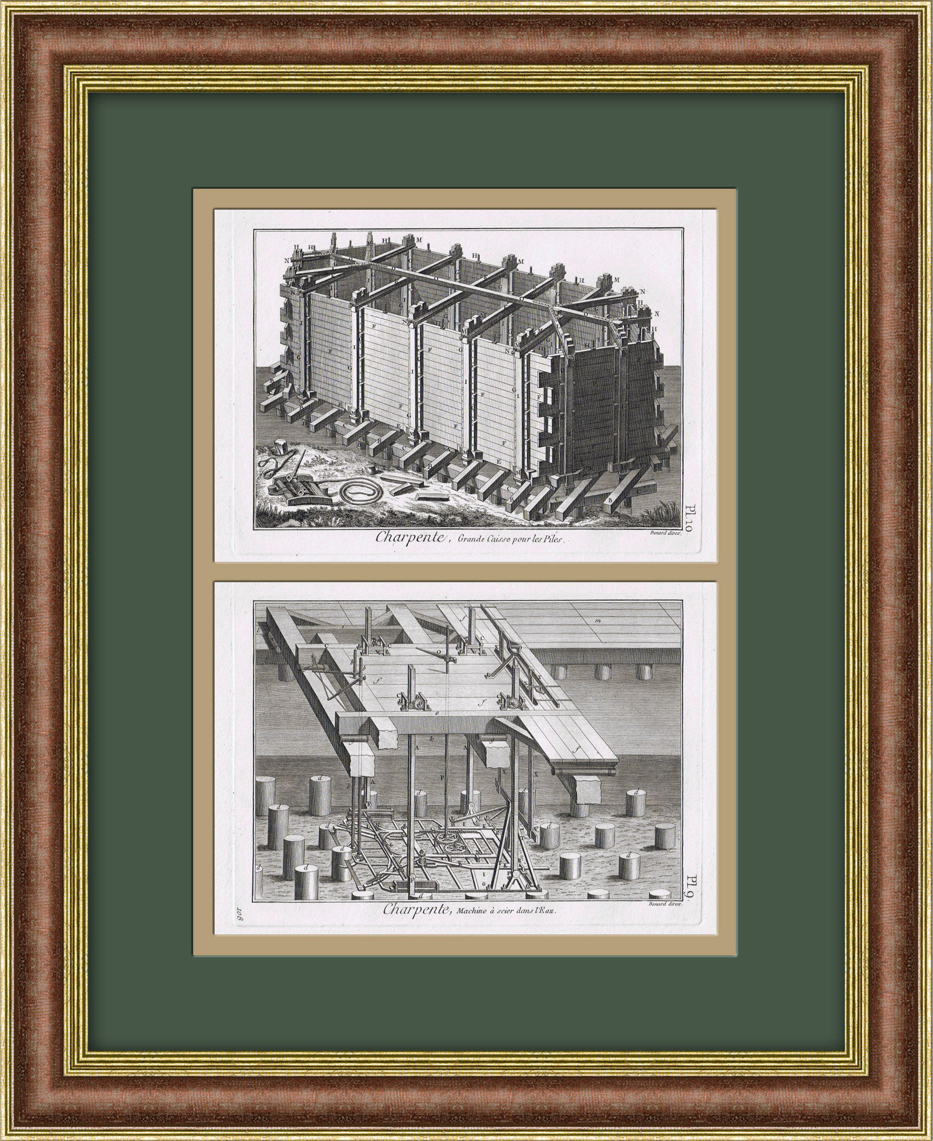 Деревянные конструкции и распил свай. Cтаринные гравюры в раме Деревянные конструкции и распил свай. Cтаринные гравюры в раме