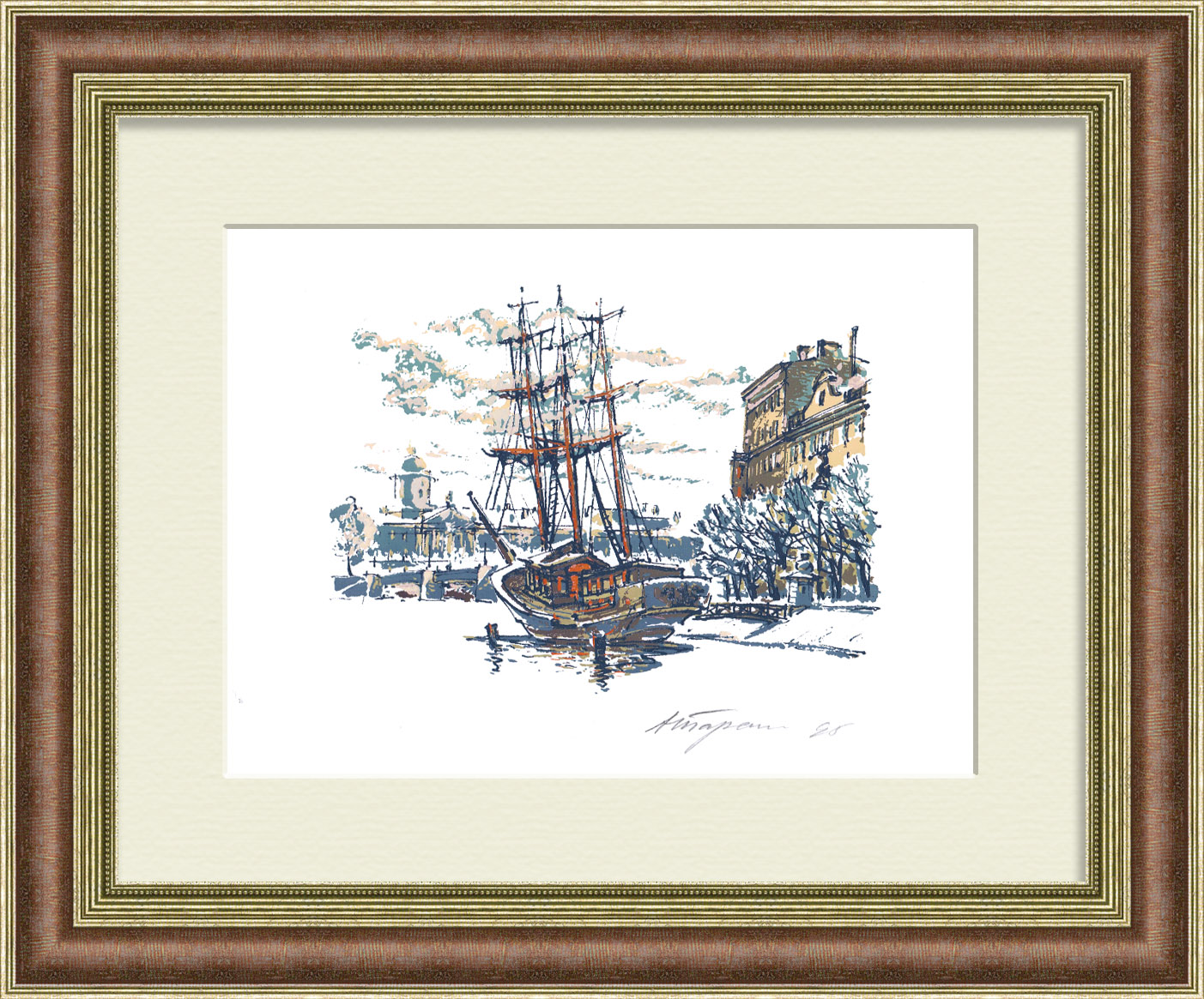Корабль на Неве, Санкт-Петербург. Авторский эстамп в раме Корабль на Неве, Санкт-Петербург. Авторский эстамп в раме