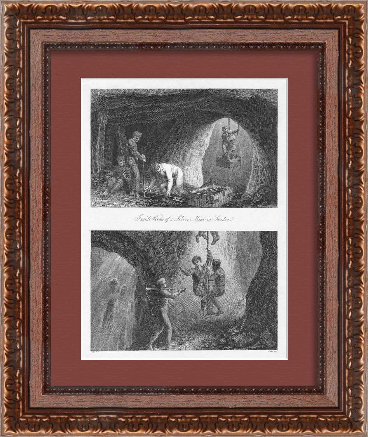 Внутри серебряного рудника, старинная гравюра Внутри серебряного рудника, старинная гравюра