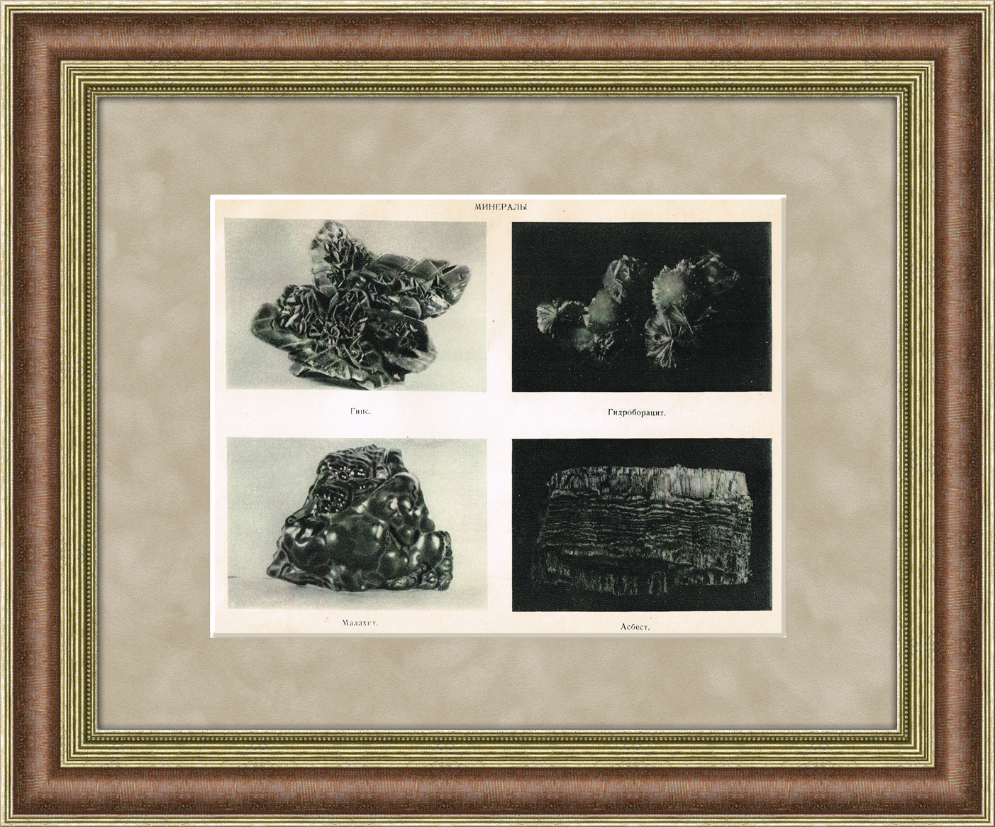 "Минералы", старинная иллюстрация в раме, 1938 г. "Минералы", старинная иллюстрация в раме, 1938 г.