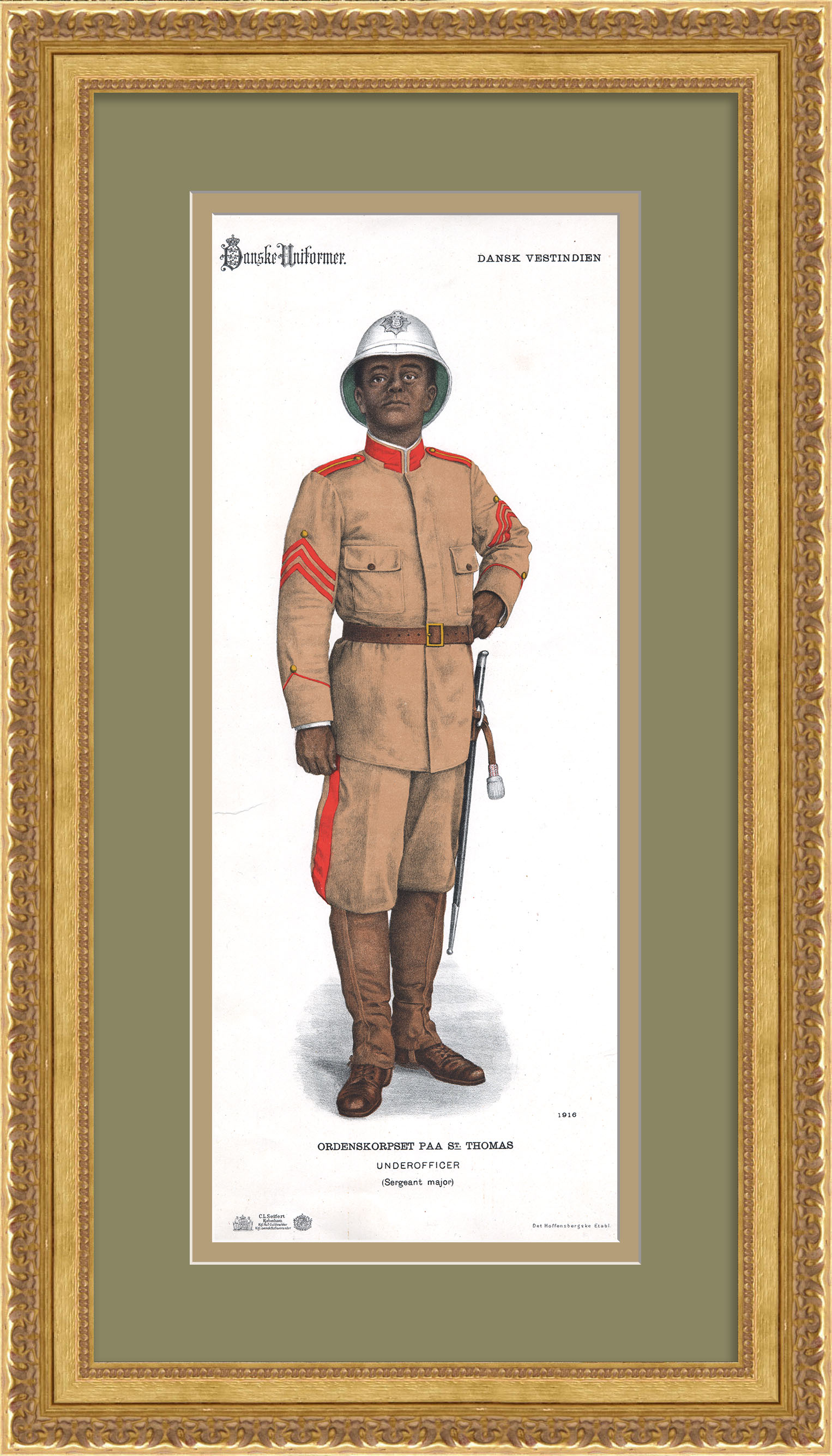 Датская Вест-Индия, королевская милиция. Униформа старшего сержанта. Старинная хромолитография Датская Вест-Индия, королевская милиция. Униформа старшего сержанта. Старинная хромолитография