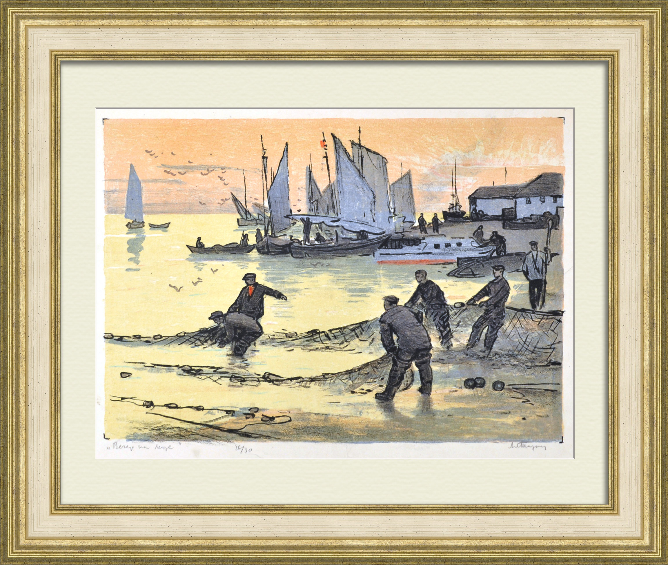 Рыбаки. Вечер на море. Старинная автолитография Рыбаки. Вечер на море. Старинная автолитография