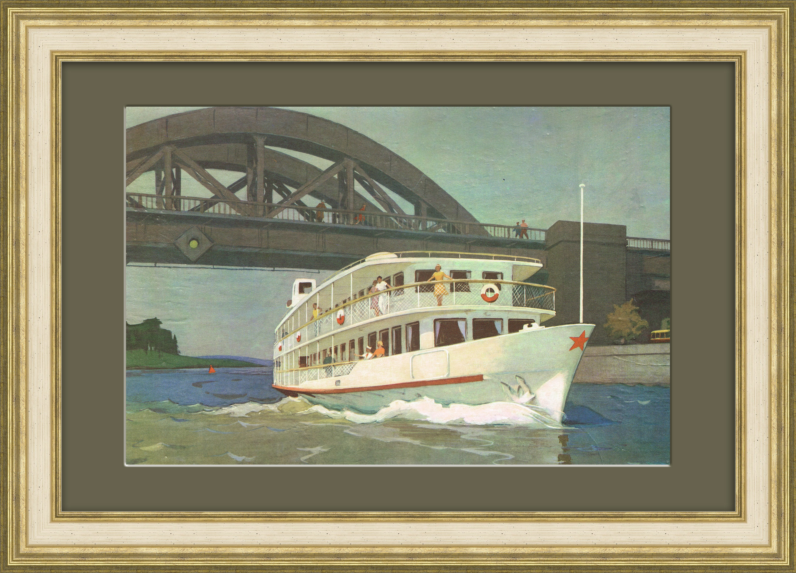 Круизный теплоход на реке. Советский плакат Круизный теплоход на реке. Советский плакат