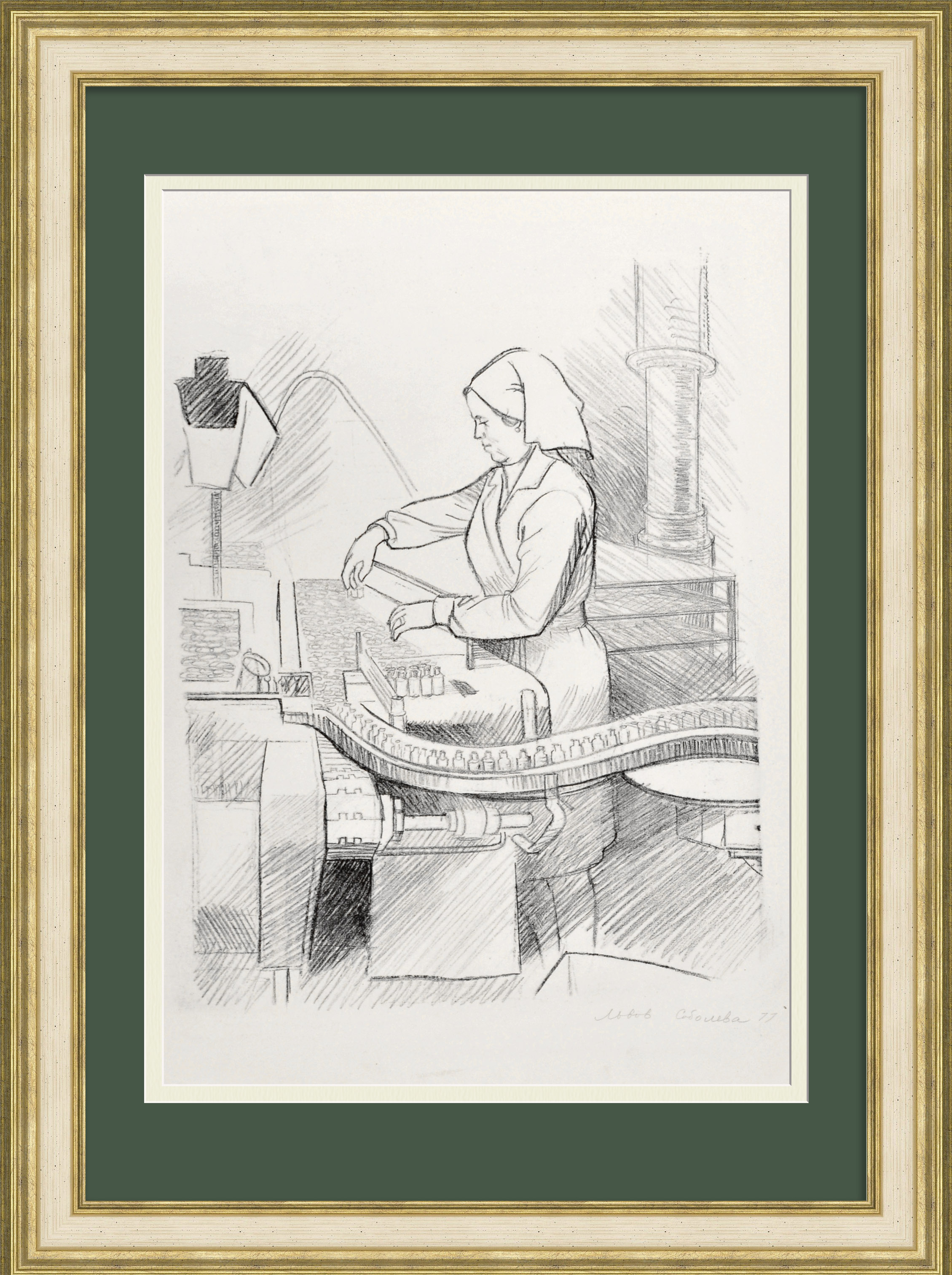 На химико-фармацевтическом заводе. Старинная, авторская гравюра