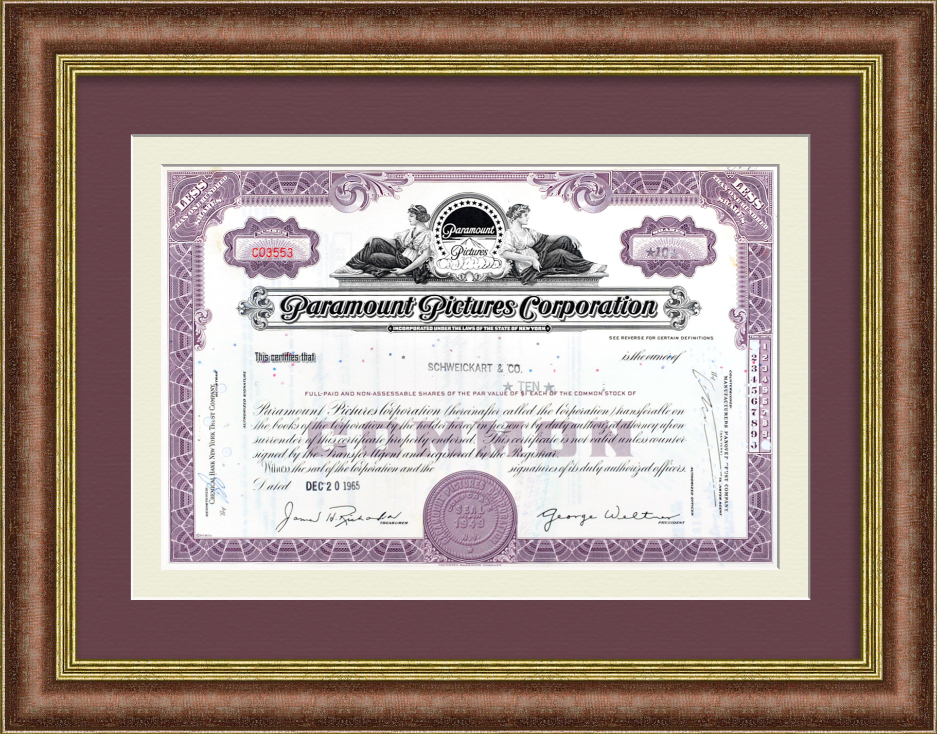 Paramount Pictures Corporation, киноиндустрия. Сертификат на 10 акций 1965 года Paramount Pictures Corporation, киноиндустрия. Сертификат на 10 акций 1965 года