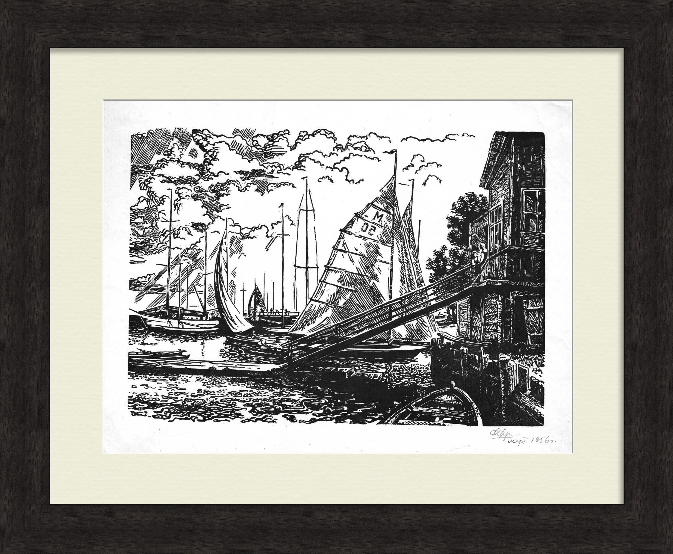 В яхт-клубе, Ленинград. Авторская линогравюра В яхт-клубе, Ленинград. Авторская линогравюра