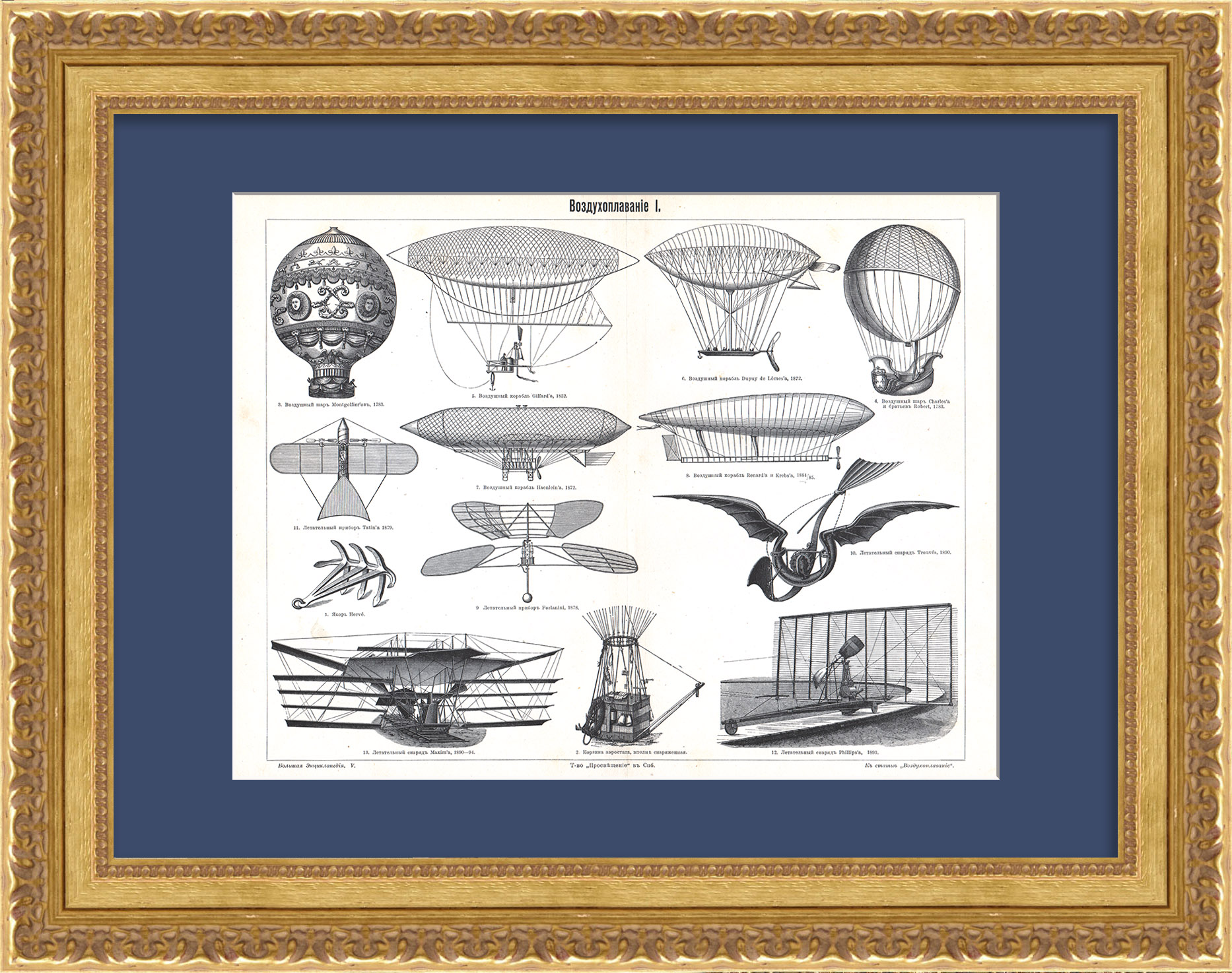 Старинные летательные аппараты. Антикварная гравюра Старинные летательные аппараты. Антикварная гравюра