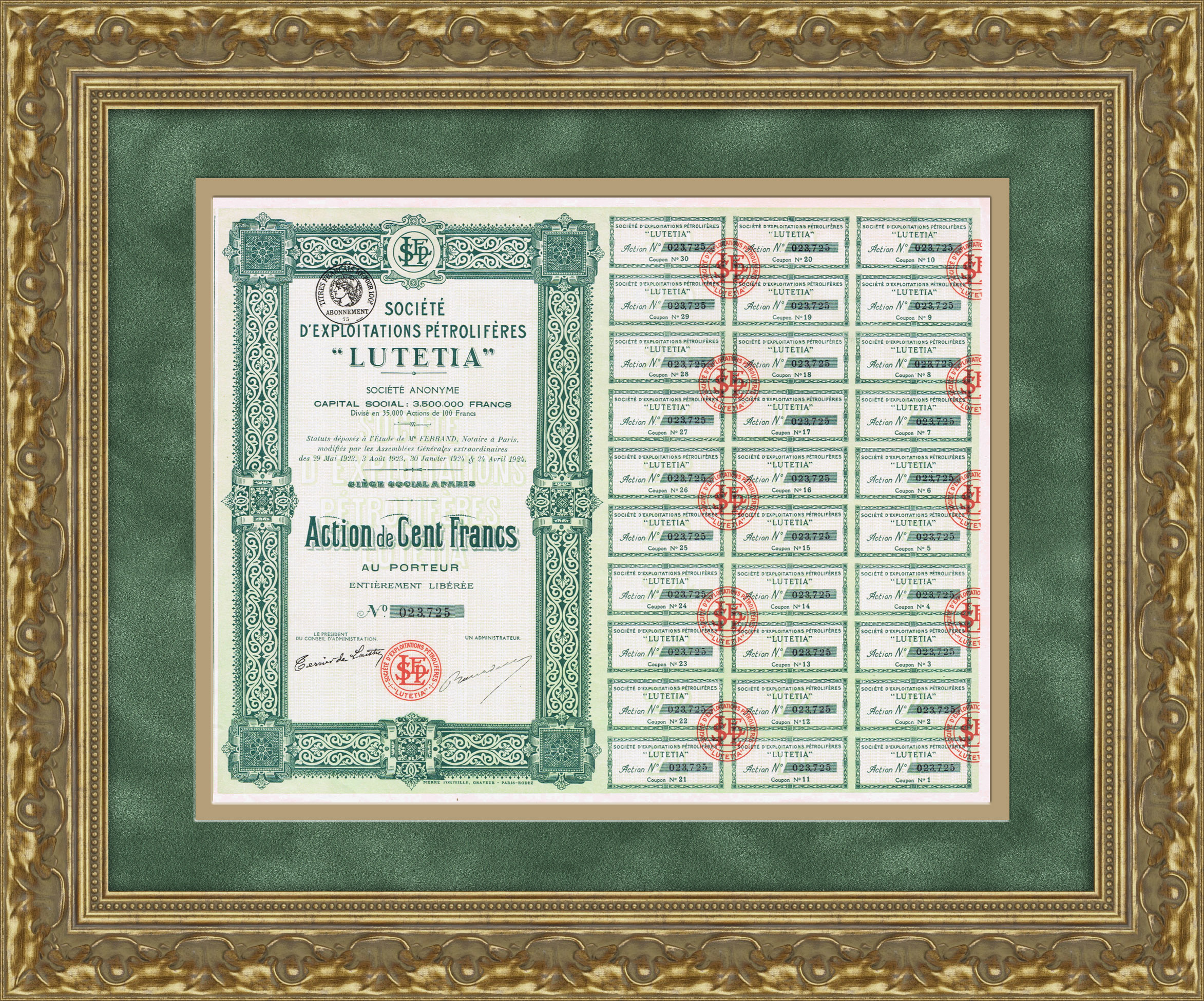 Нефтепереработка, акция французской компании "Lutetia" на 100 франков, с полным купонным листом Нефтепереработка, акция французской компании "Lutetia" на 100 франков, с полным купонным листом