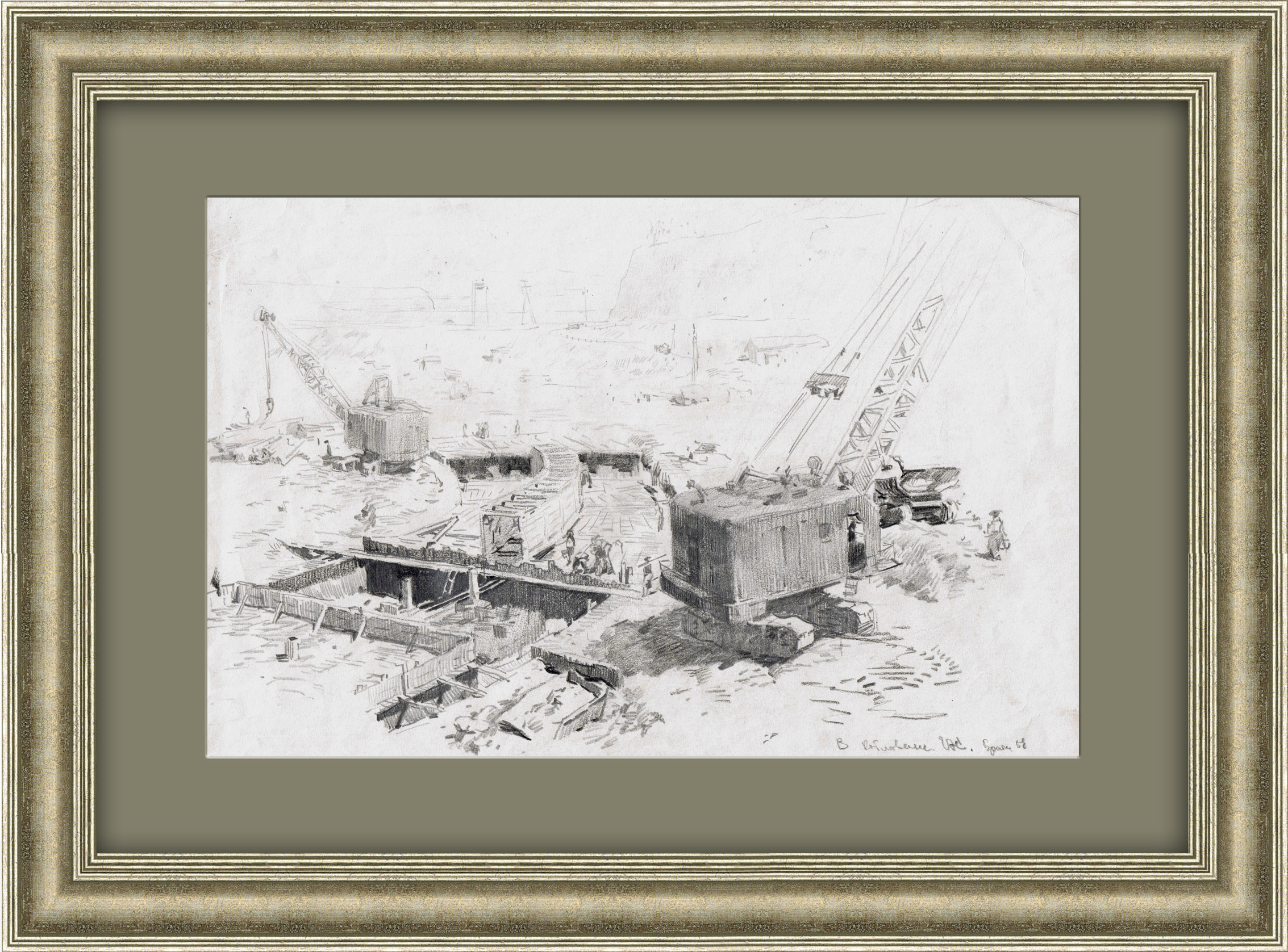 Братская ГЭС, строительство. Авторский рисунок 1958 года Братская ГЭС, строительство. Авторский рисунок 1958 года